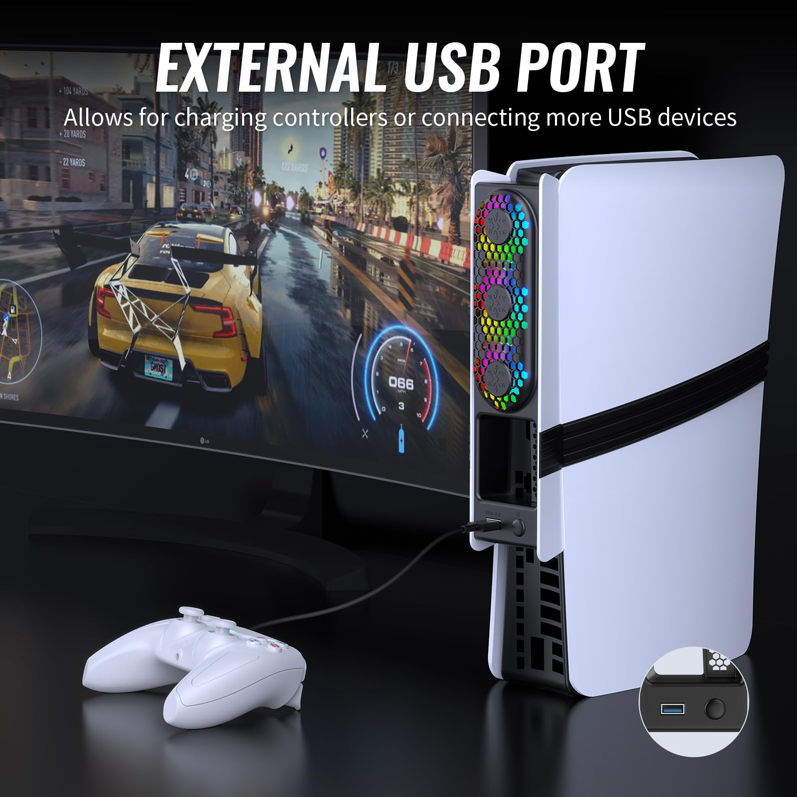 Ventola di raffreddamento RGB per PS5 Pro/PS5 Slim - Controllo automatico della temperatura, 5 modalità di illuminazione, porta USB 3.0, compatibile con Disc & Digital Edition (nero)