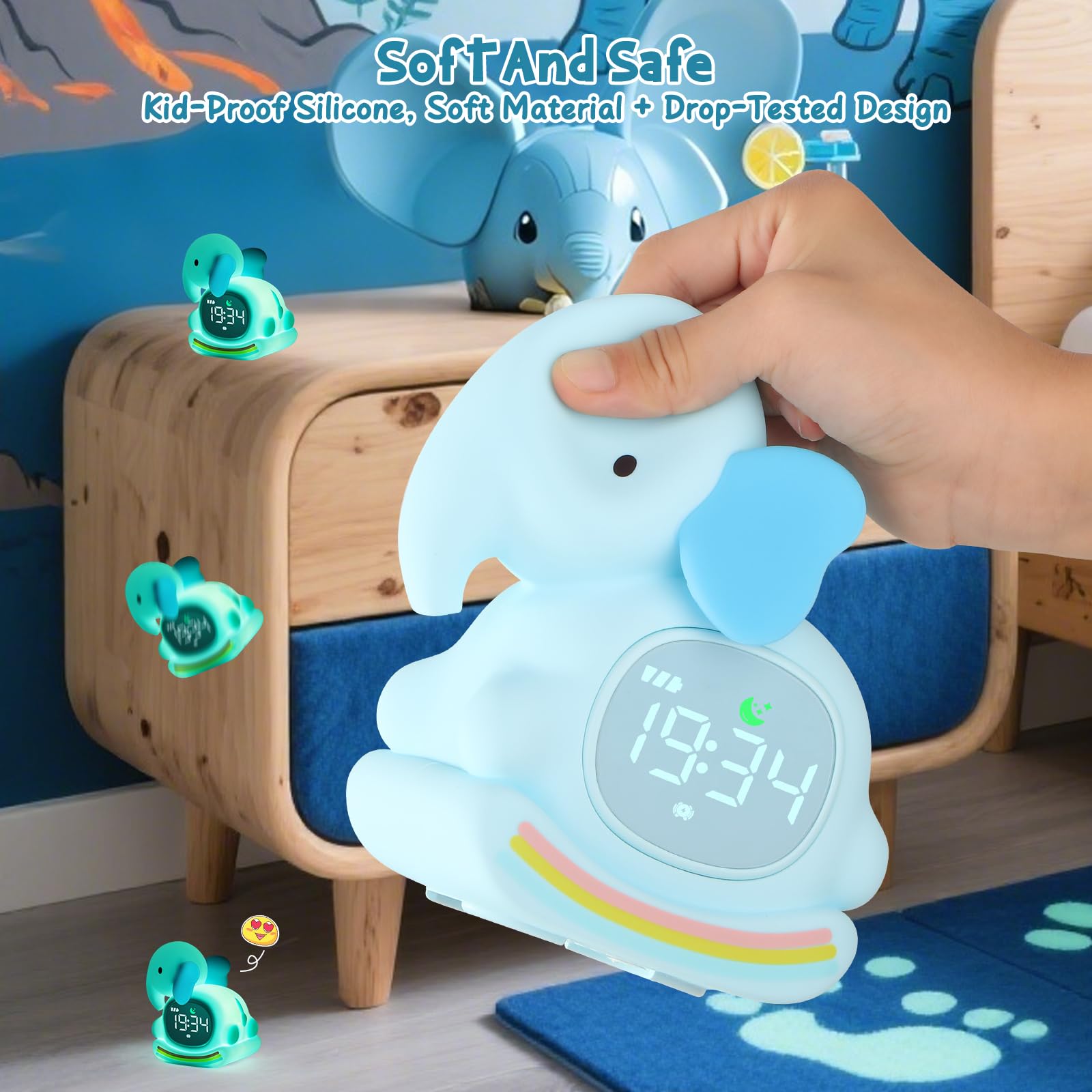 Réveil éléphant avec veilleuse pour enfants, réveil d'entraînement au sommeil pour tout-petits filles et garçons, horloge pour chambre à coucher, réveil pour enfants, rechargeable, RVB, idée cadeau