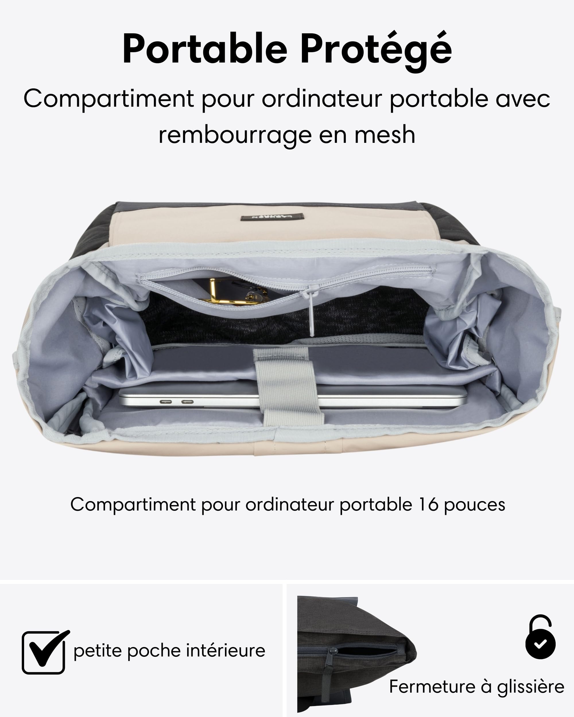 LARKSON Sac à Dos Femme Homme Beige Gris - No 4 Large - Sac à Dos De Voyage Grand Format - Backpack Avec Compartiment Pour Ordinateur Portable 16 Pouces - Hydrofuge