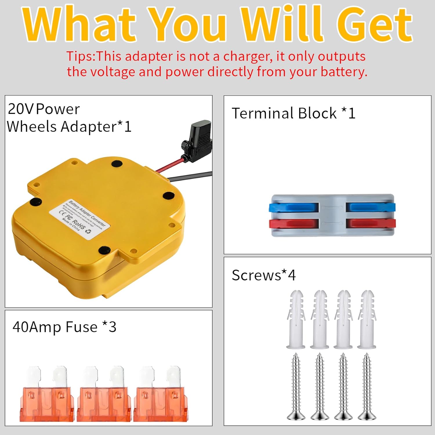 for Power Wheel Adapter Compatible with Dewalt 18V/20V Max Battery, Dock Battery Adapter with 40Amp Fuse, USB & Type C Port, Power Tool Converter for DIY RC Cars, Robotics, Yellow (Tool Only)
