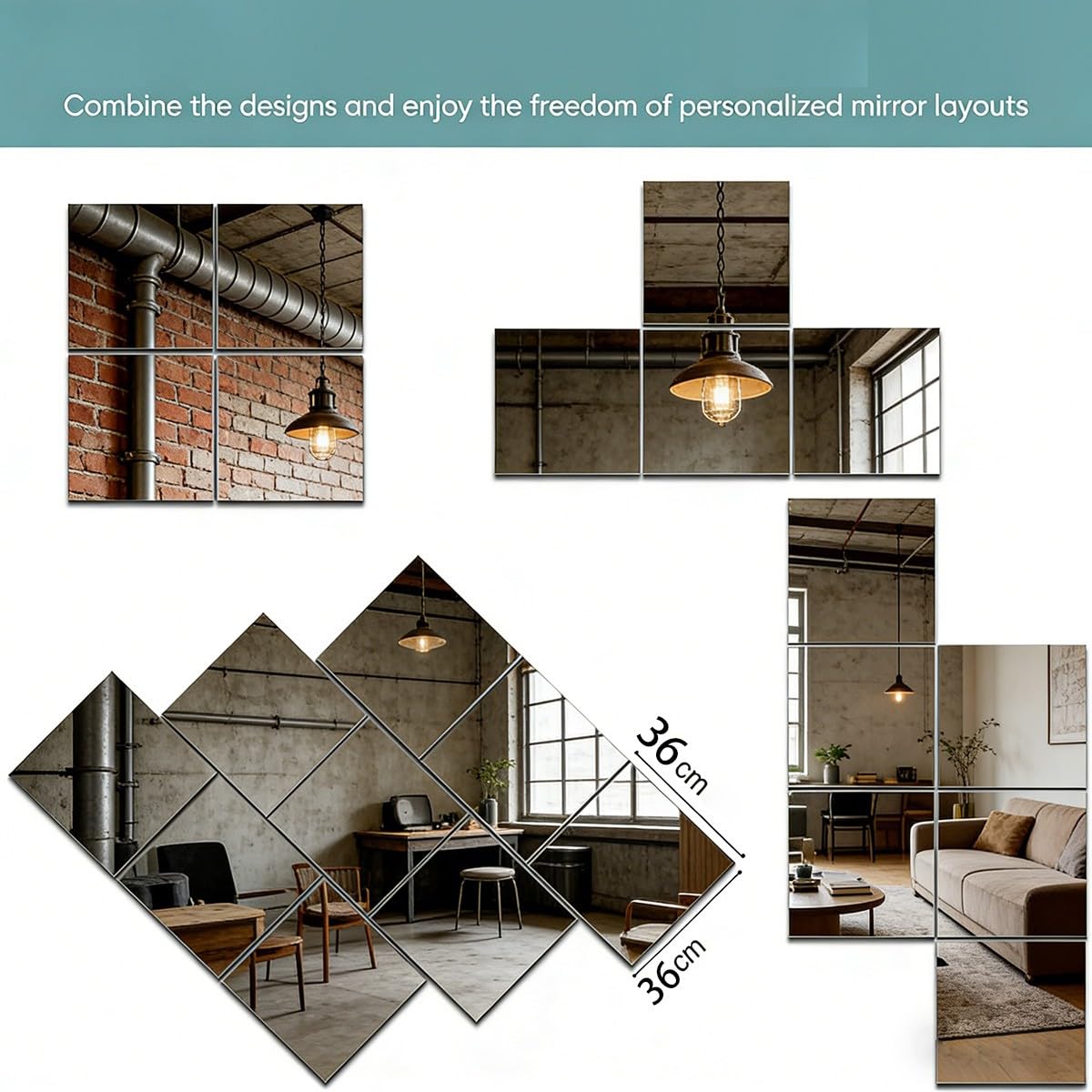 Gimnasio Espejo de Pie Cuerpo Entero 4 Piezas Espejos Grandes de Pared sin Marco para Gimnasio Garaje Yoga Estudio de Baile y Dormitorio 36x36cm
