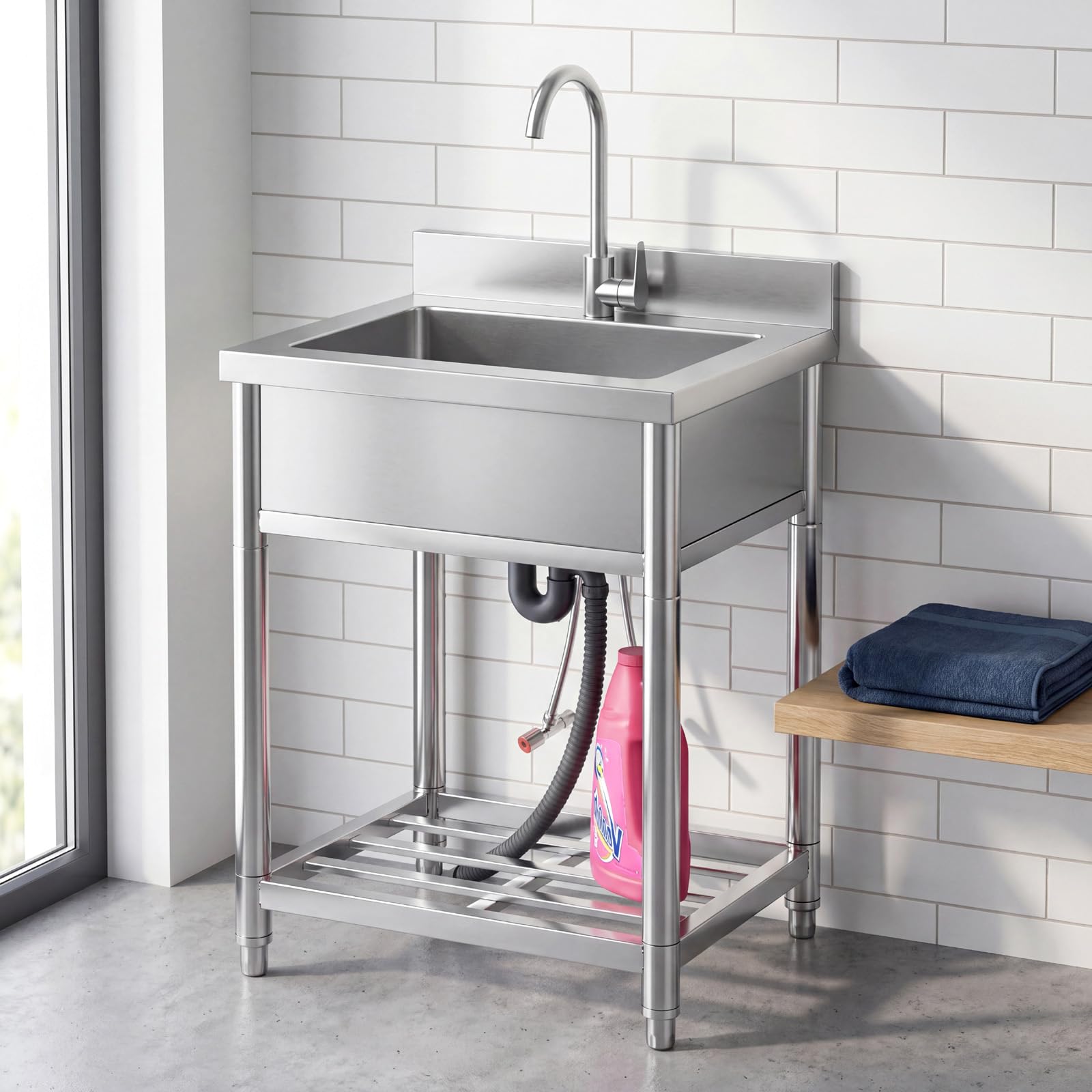 Fregadero con Patas Acero Comercial de Acero Inoxidable | 50 x 55 x 94 cm Fregadero de Cocina Independiente con Grifo, Fregaderos Industriales para Exterior, Cocina, Garaje, Jardín