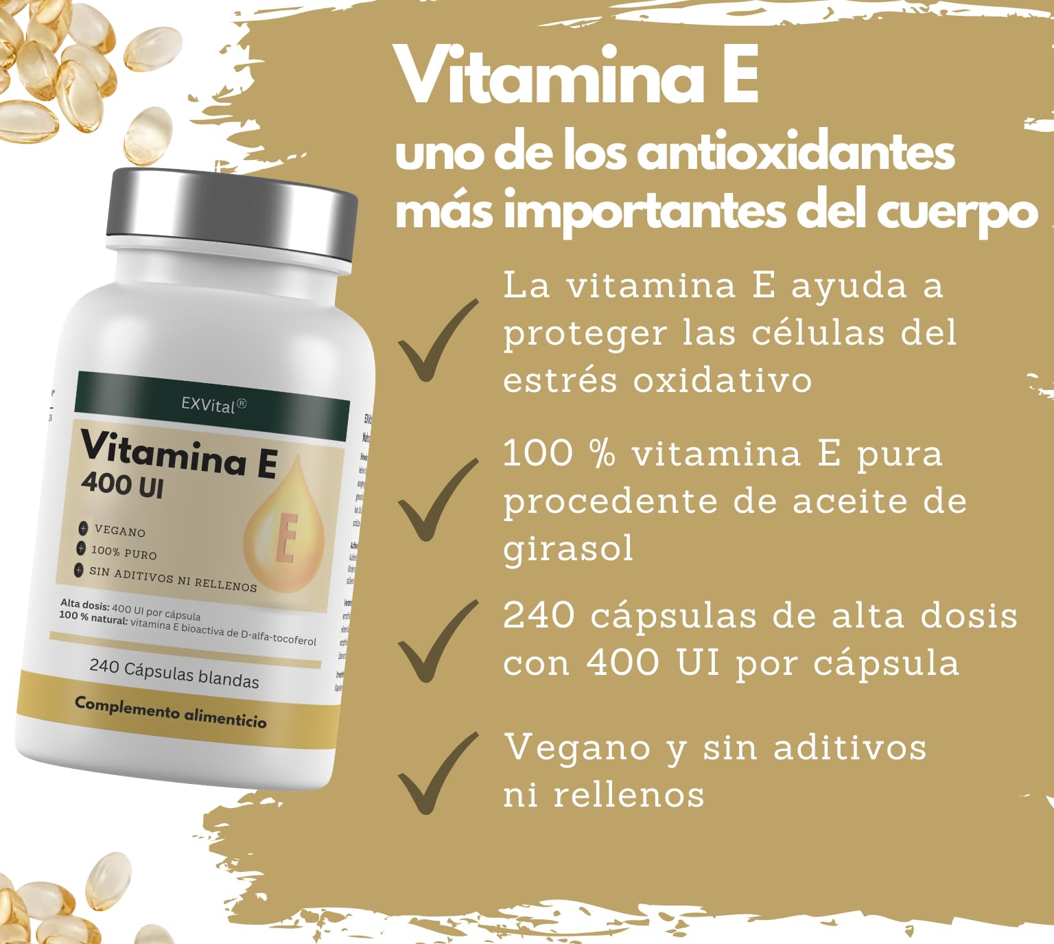 EXVital Vitamina E 400 UI, 240 cápsulas blandas veganas, con D-alfa-tocoferol, vitamina E procedente de girasol, altamente dosificada y probada en laboratorio