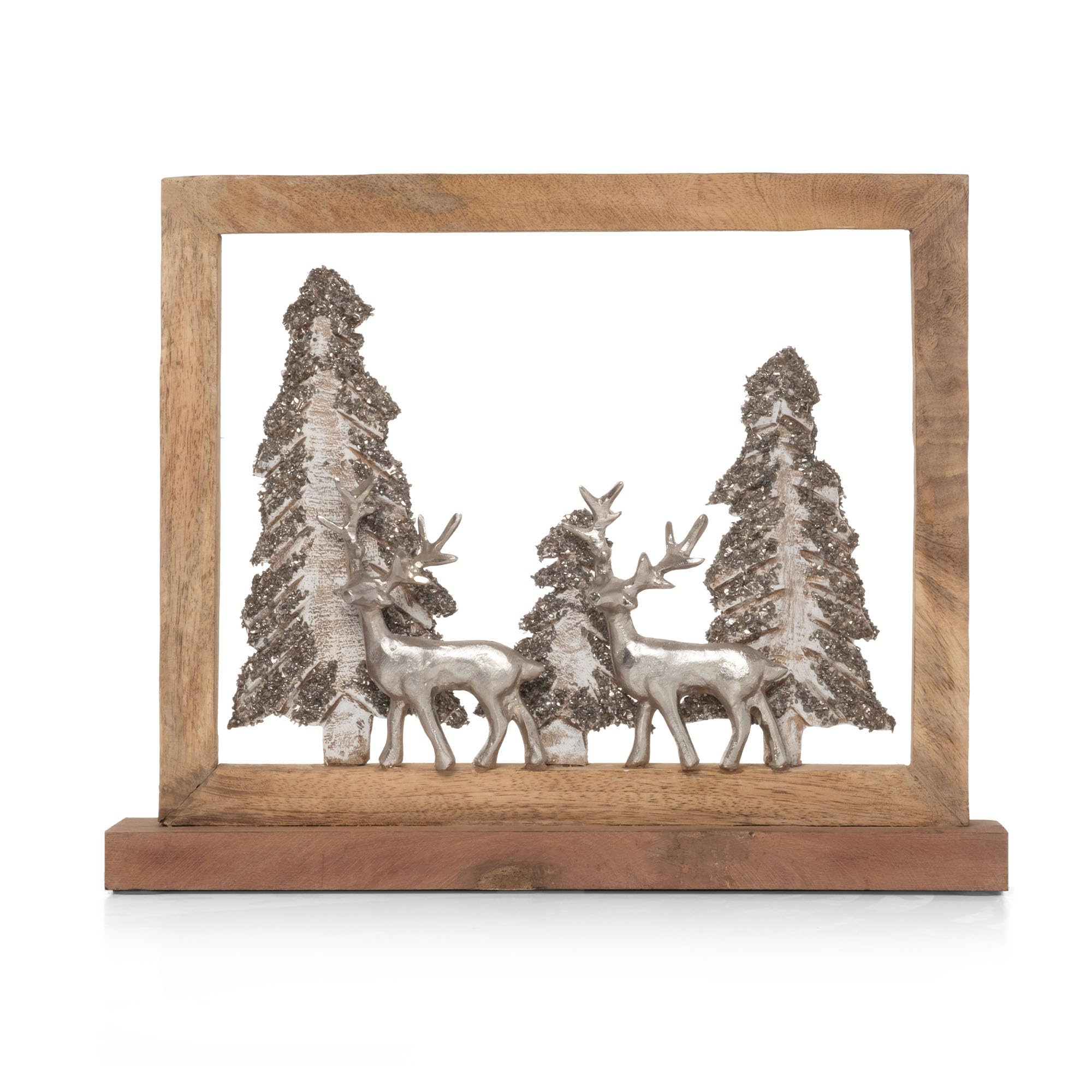 Moritz Dekoracja bożonarodzeniowa z jeleniem z drewna mango i aluminium, 41 x 8 x 33 cm, figurka dekoracyjna 3D w drewnianej ramie, zimowa dekoracja stołu z błyszczącymi drzewkami, szlachetne