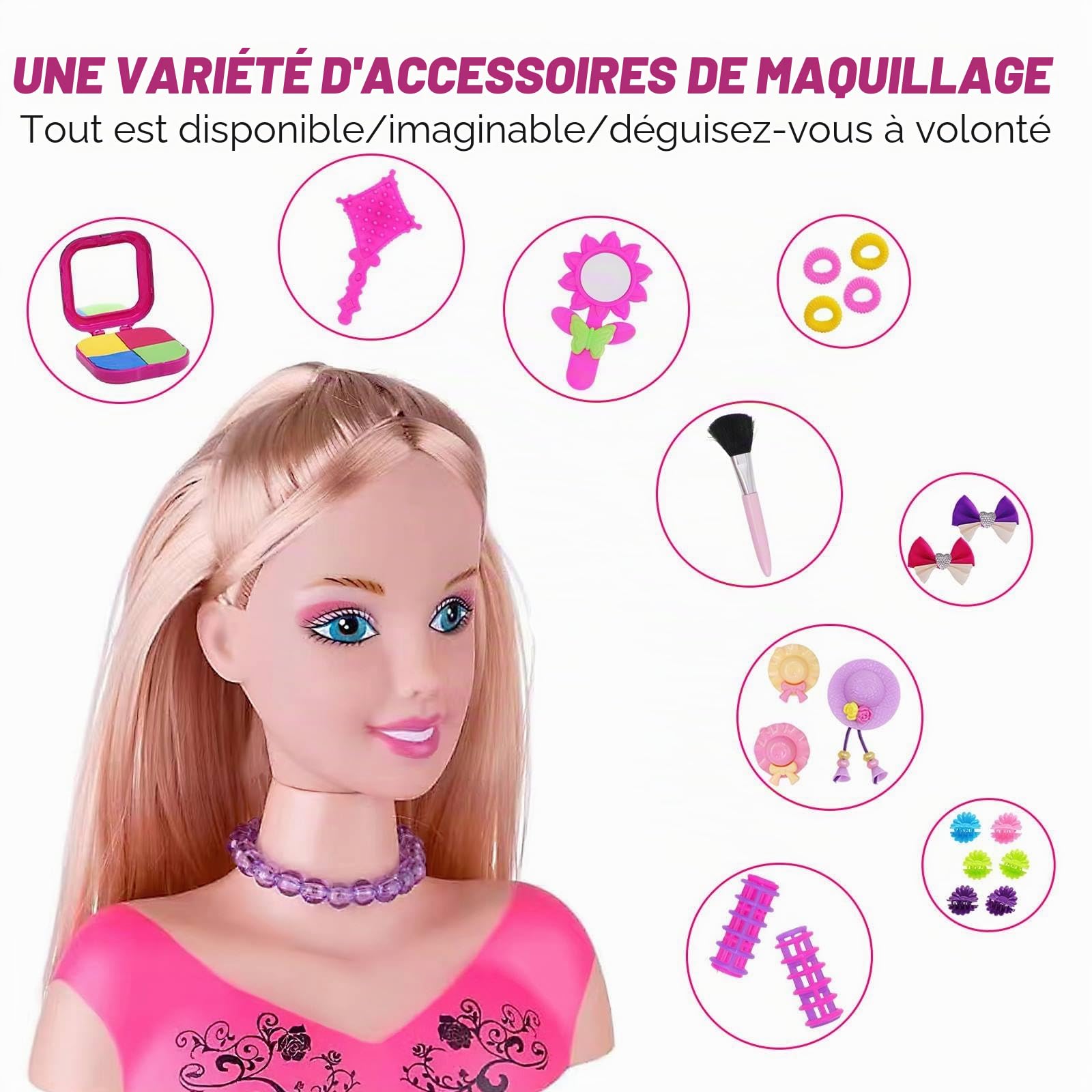 Eznaobo Tête de poupée de maquillage pour enfants avec 23 accessoires, tête de poupée pour enfants, maquillage et coiffure, ensemble de jouets pour filles de 3, 4, 5, 6 ans et plus (rouge)