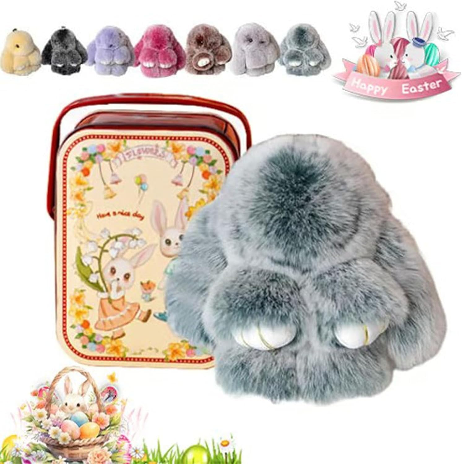 XIUNYIE Easter Bunny Plush Keychain in Iron Gift Tin, Fluffy Rabbit Keyring Kawaii Soft Furry Pendant for Handbag or Backpack Cute Decorative Charm, Birthday Christmas, #C