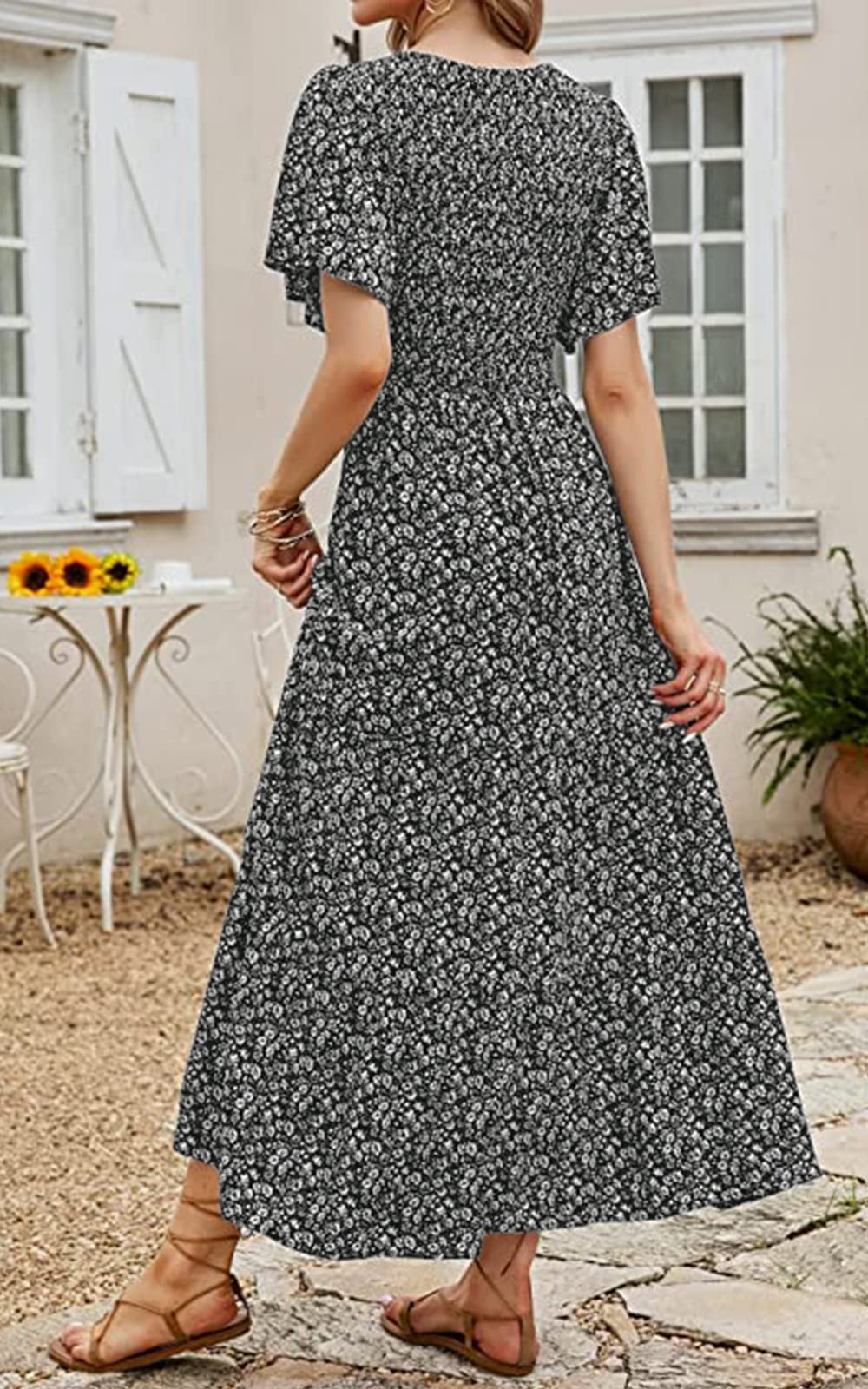 PRETTYGARDEN Smocked Top Summer Dresses for Women 2026 Short Sleeve Floral Maxi Dress for Women Maxi Abito Primaverile con Maniche a Volant per Le Donne in Spiaggia e Vacanze Donna (Pacco da 1)
