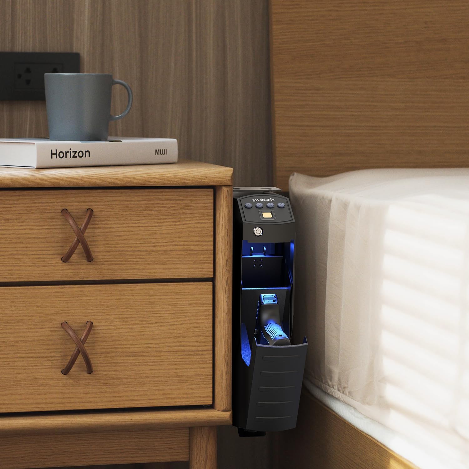 awesafe Mounted Gun Safe, Biometric Gun Safe for Pistol, 3 Ways Quick Access Handgun Safe with Fingerprint Digital PIN Key, Auto Open Lid Smart Pistol Safe for Nightstand Bedside Cloakroom Desk