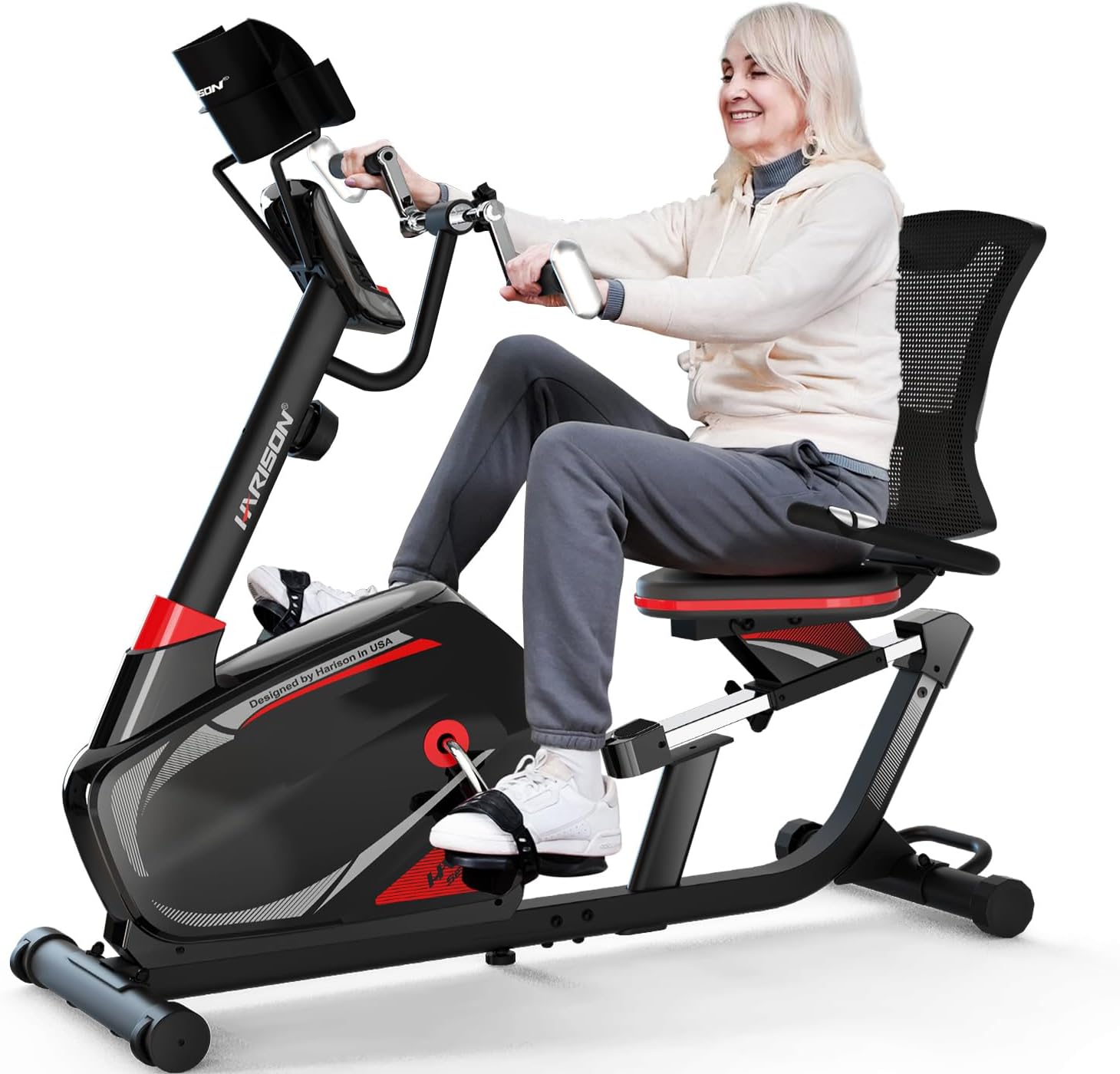 HARISON Pro Recumbent Exercise Bike with Arm Exerciser & Easy Set up, 400 lbs capacity Recumbent Stationary Bike for Adults and Seniors, Recumbent Bike with 2-in-1 LCD Monitor & Smart Bluetooth App & Heart Rate monitor