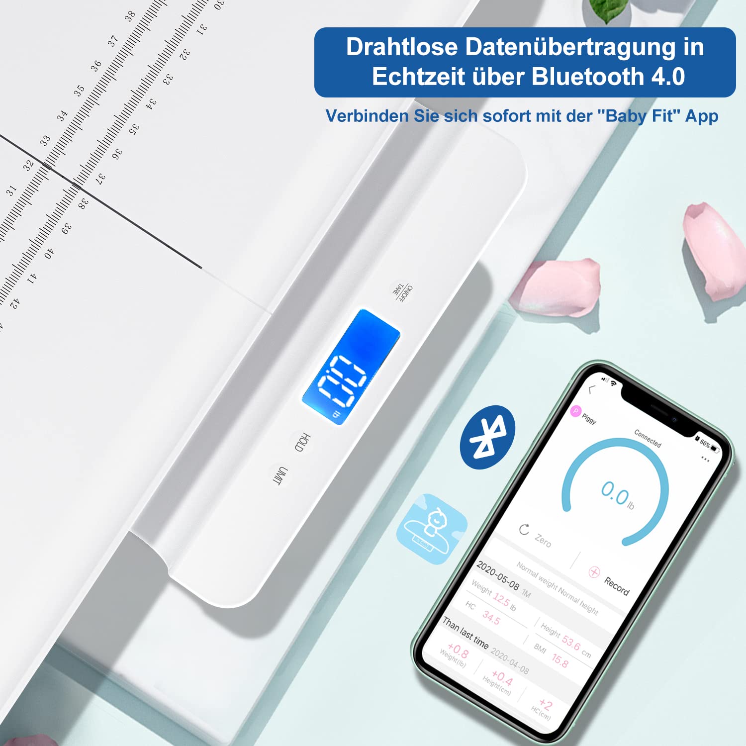 UNICHERRY Bluetooth Babywaage, Tierwaage, Multifunktionale baby waage mit herausnehmbarem Tablett, Babywaage digital mit Tara- und Haltefunktion, kostenlose App und Batterien (max: 100 kg)
