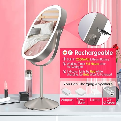 Miniatura 5 de LOVESPEJO Espejo de maquillaje iluminado de 9 pulgadas con aumento, espejo de aumento 1X7X, espejos de maquillaje personal recargables de doble