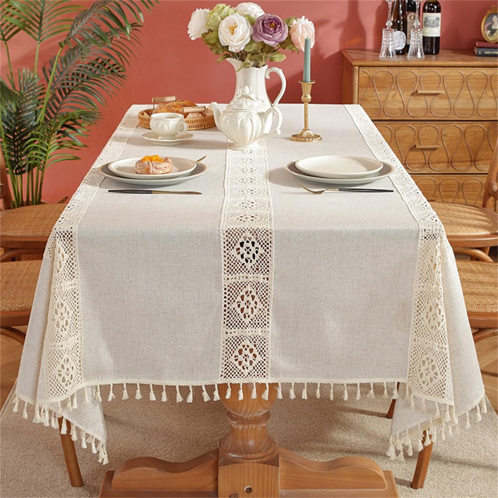 Nappe en lin style pastoral kaki couverture de table rectangulaire dentelle