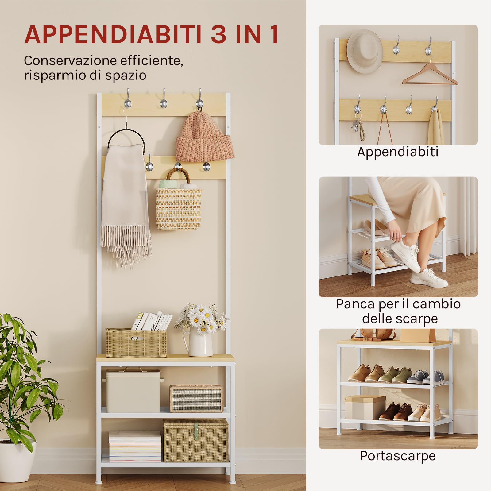 WOLTU Appendiabiti Panca Porta Scarpe 3 in 1, Scaffale per Scarpe a 2 Livelli con Sedile e 7 Ganci, per Corridoio/Ingresso, Metallo + Legno Ingegnerizzato, Bianco + Rovere Chiaro, 60x31,5x170cm