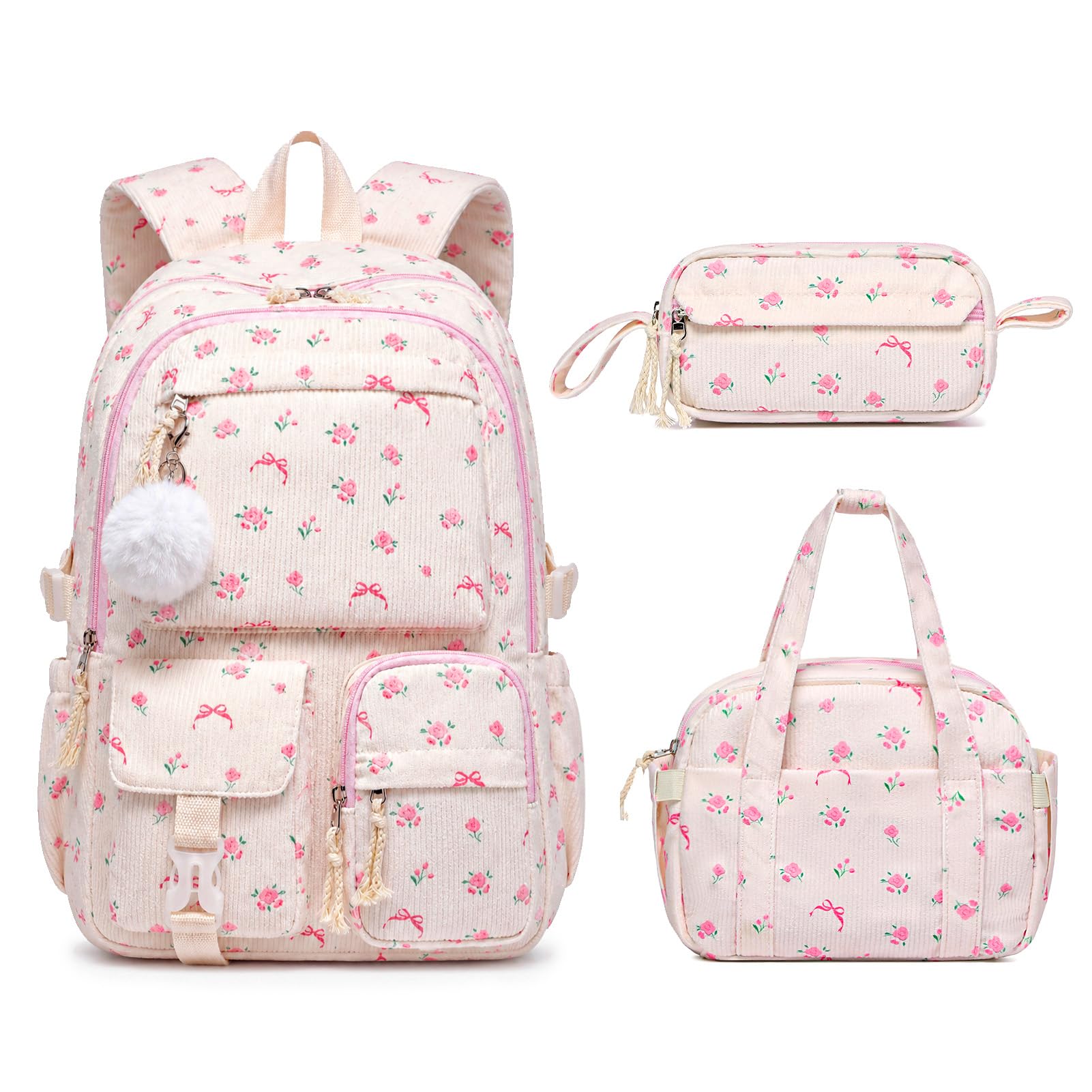 Similove Backpack for Girls, 3PCS Corduroy Girls Schoolbag Set with Lunch Bag & Pencil Pouch, Lightweight Teen Girl Backpacks for Elementary Middle High School Bookbag Laptop Bag Travel Daypack