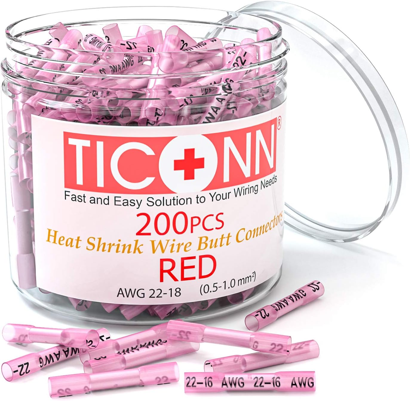 TICONN 200PCS AWG 22–18 Heat Shrink Butt Connectors, Insulated Waterproof Electrical Marine Automotive Wire Crimp Terminals, Butt Splice (Red200PCS)