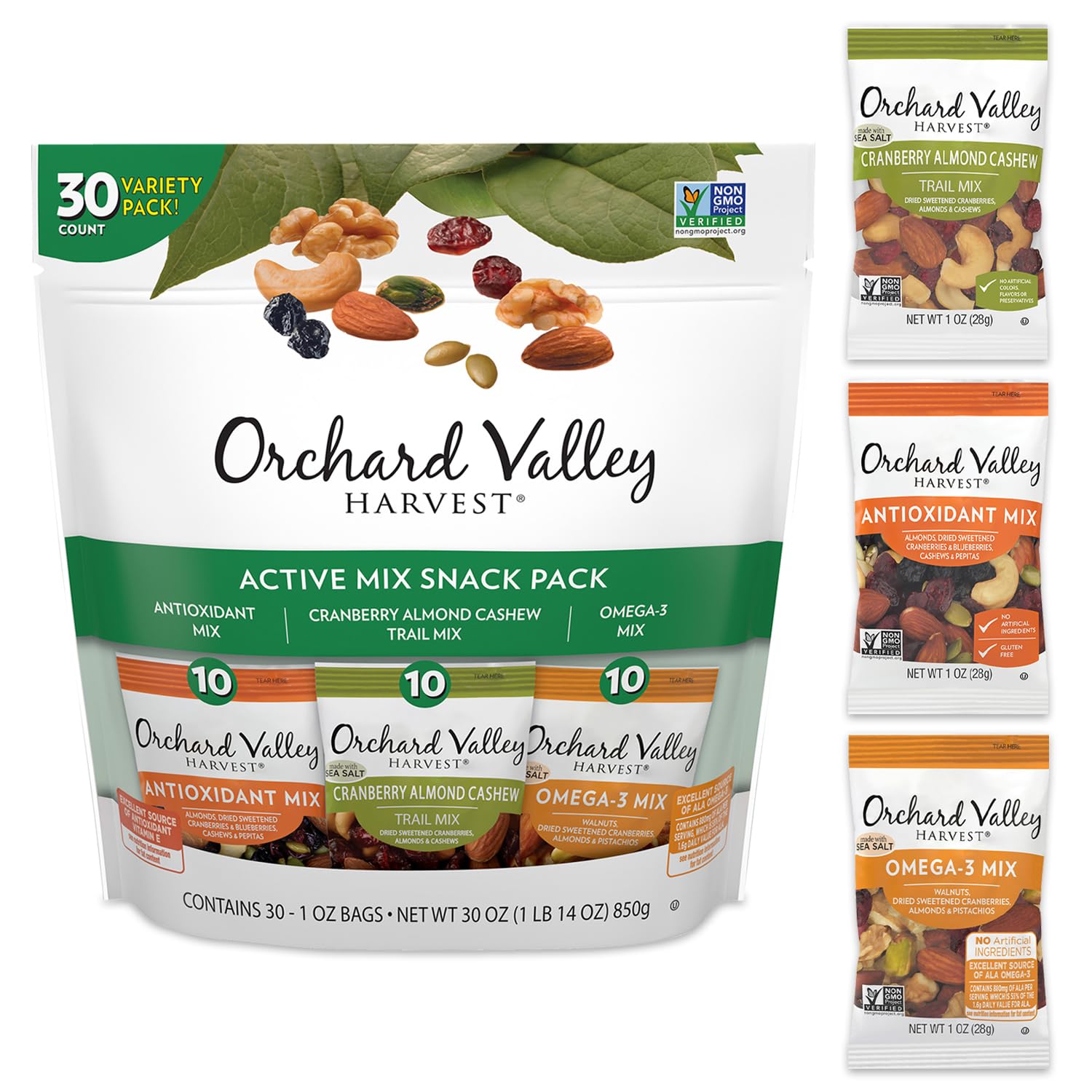 Orchard Valley Harvest Active Snack Pack Mix, 1oz Bags (Variety Pack of 30), Antioxidant Mix, Cranberry Almond Cashew, Omega-3 Trail Mix, Healthy Snacks for Adults and Kids, Gluten Free