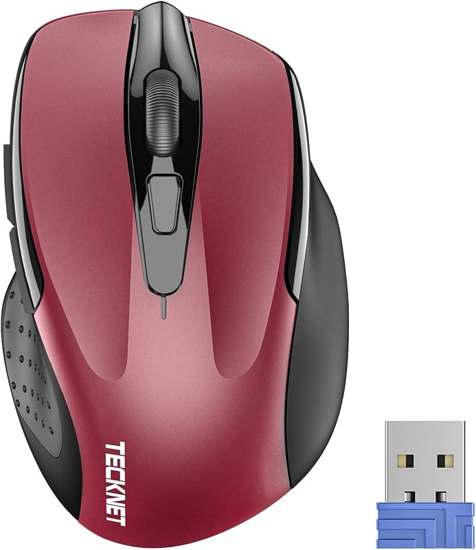 TECKNET Wireless Mouse, 2.4G Ergonomic Computer Mouse, 2600 DPI, Red | Ergonomic Design with Side Grips, Adjustable DPI, 2-Year Battery, Compact Size, USB-A Plug & Play, Wide OS Compatibility