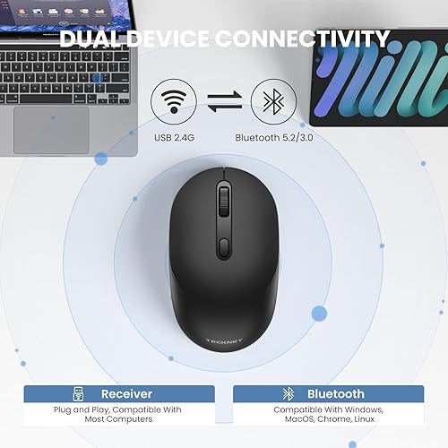 Miniatura 2 de TECKNET Ratón inalámbrico Bluetooth, receptor USB-A Bluetooth 5.0 y 2.4G, compacto y portátil, clic silencioso, diseño ergonómico simétrico, batería
