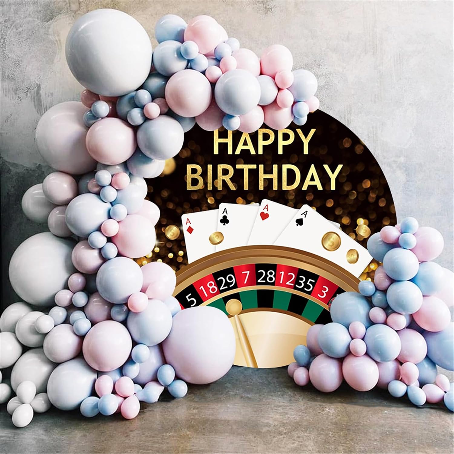 Polyester Diameter 7ft Happy Birthday Round Backdrop Las Vegas Casino Night Themed Dice Poker Chips Gold Coins Photography Background Men Boys Birthday Party Theme Party Decoration Supplies