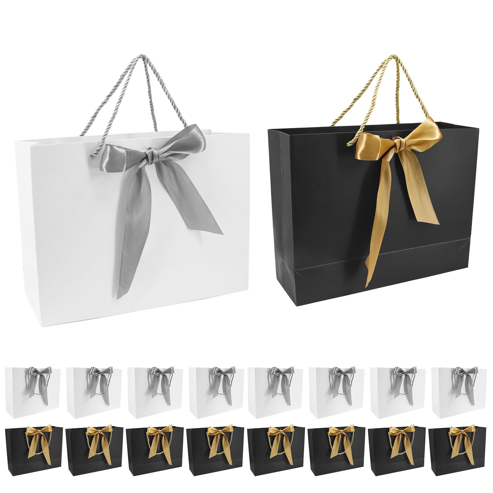 Time to Sparkle 16 PCS Gift Bags Large Size with Handles Bulk, Waterproof Paper Bags with Bow Ribbon for Baby Shower Wedding Party Birthday Holiday Celebrations (32*25*11cm)Black/Gold & White/Silver