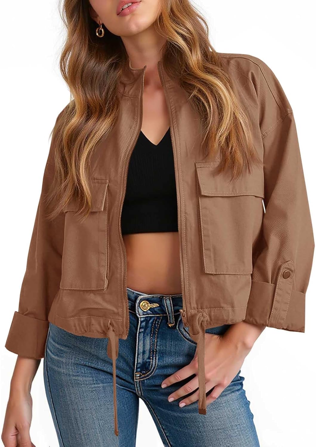 Tankaneo Women Casual Cropped Jackets Zip Up Lightweight Military Safari Short Utility Coat with Pockets