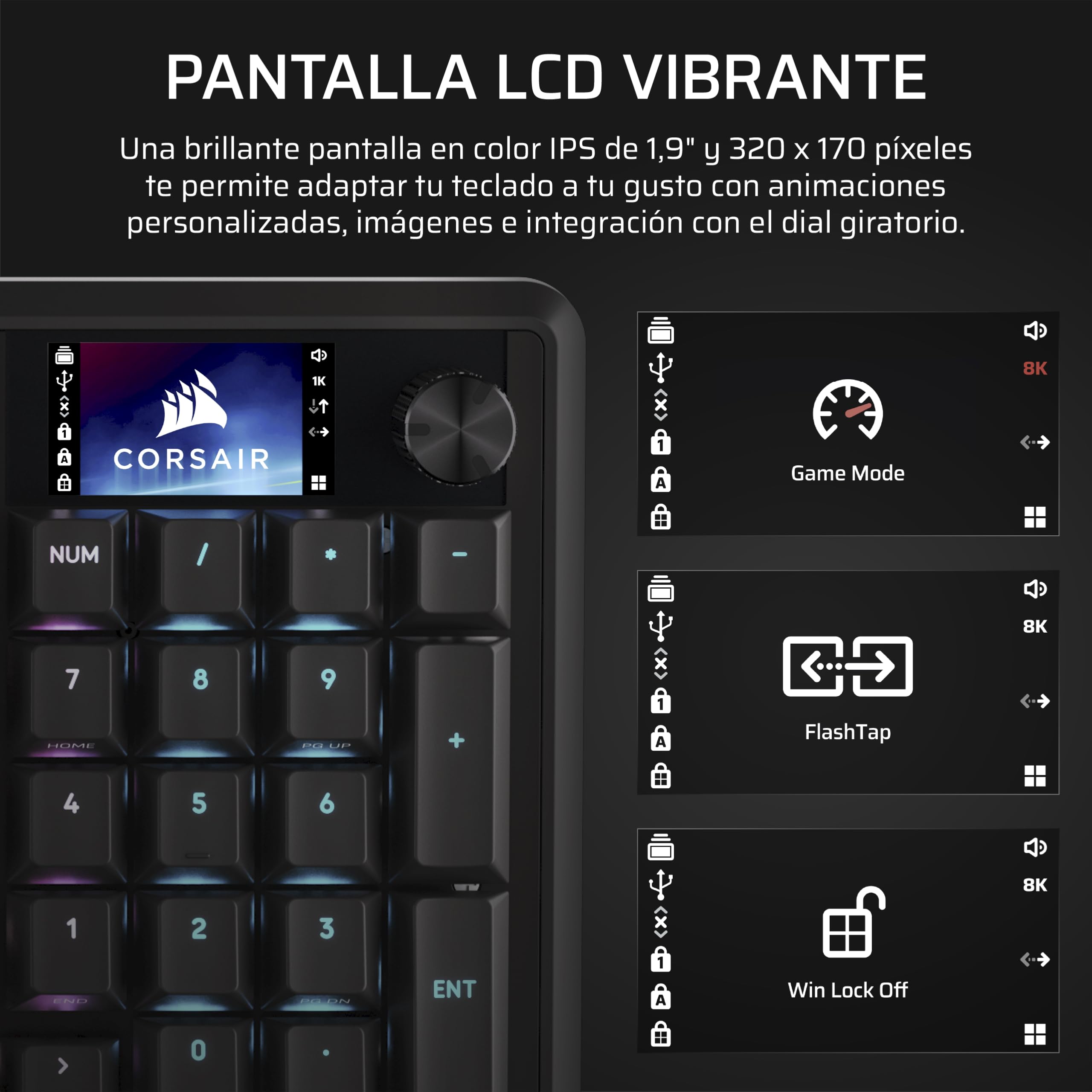 Corsair Vanguard 96 Teclado Mecánico con Cable para Juegos– Negro | QWERTY ES, Formato 96%, Interruptor Lineal de Plasma MLX, 8000Hz, Pantalla LCD, Virtual Stream Deck, Botones G, Flashtap SOCD
