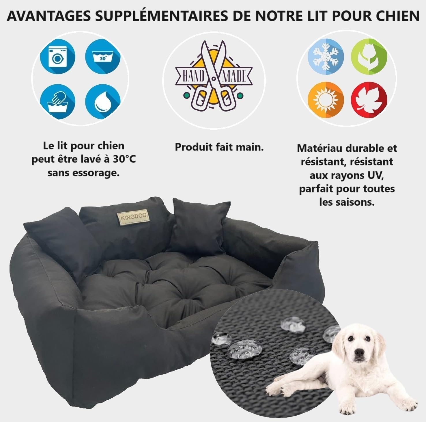 KING DOG Lit pour Très Grands Chiens XXL 130 x 105 cm Coussin Imperméable Lavable Canapé Confortable Moelleux Douillet Antidérapant Couchage pour Chien Intérieur Résistant Fabriqué en UE Noir