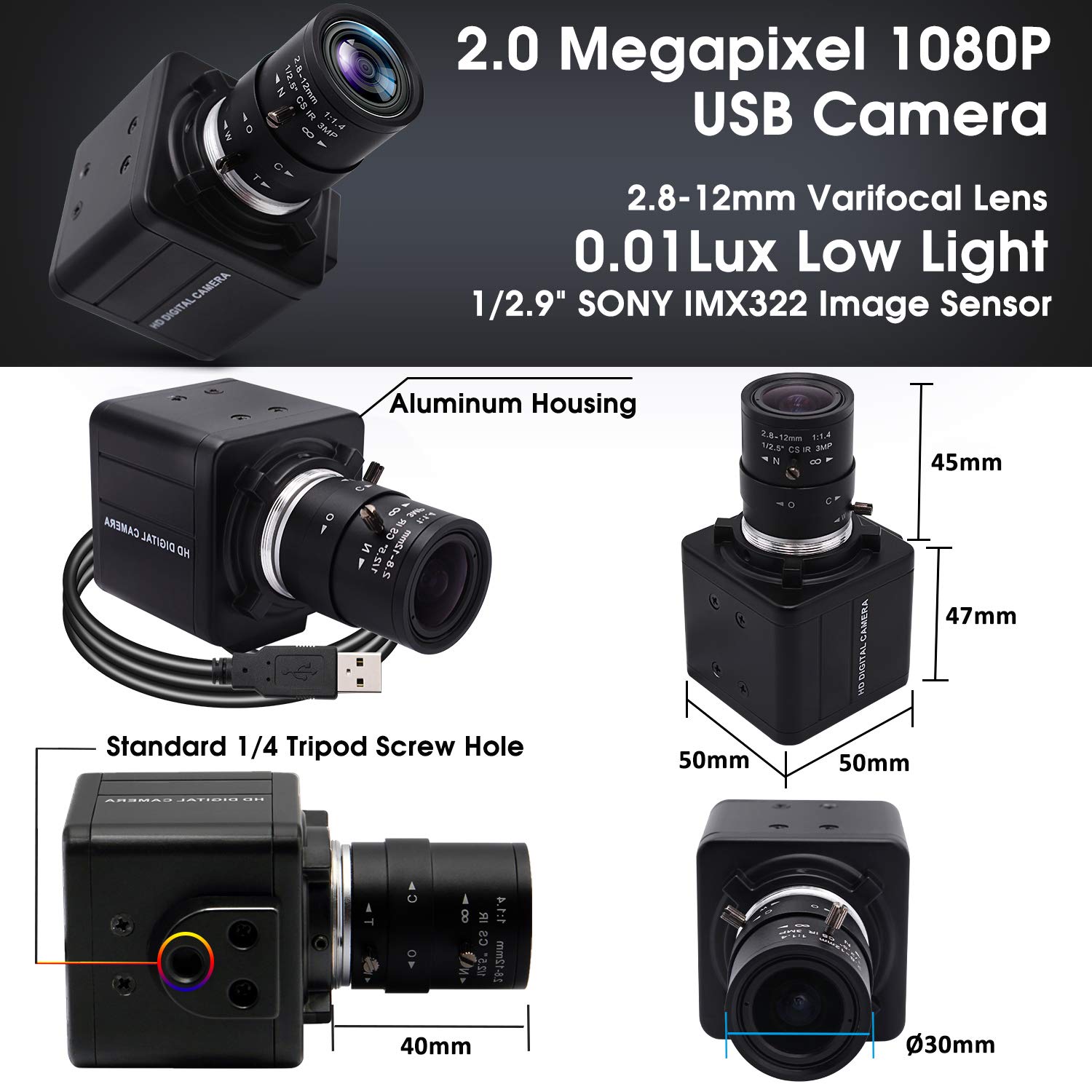 Svpro Webcam 1080P Full HD USB Camera con obiettivo zoom ottico 2.8-12 mm, messa a fuoco manuale formato H.264, caricamento rapido per video streaming, 0.01lux Low Light Camera con sensore IMX322