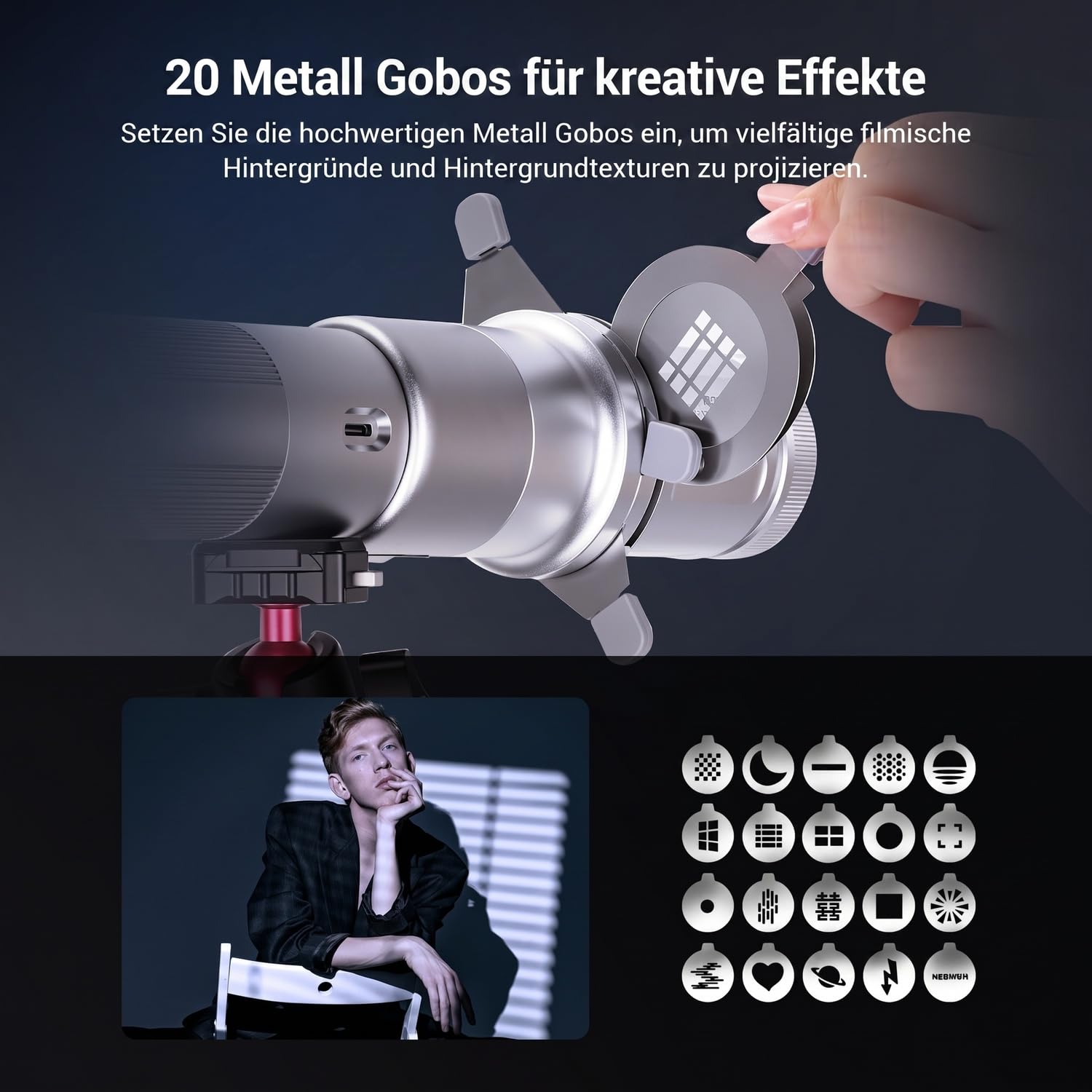 NEEWER Basics Spotlight konischer optischer Snoot, nur für FL10/FL20/FL10P Fotografie Taschenlampe, 4 Fach hellerer Projektoraufsatz mit einstellbarem Fokus, 30° Abstrahlwinkel, 20 Metall Gobos, LS01