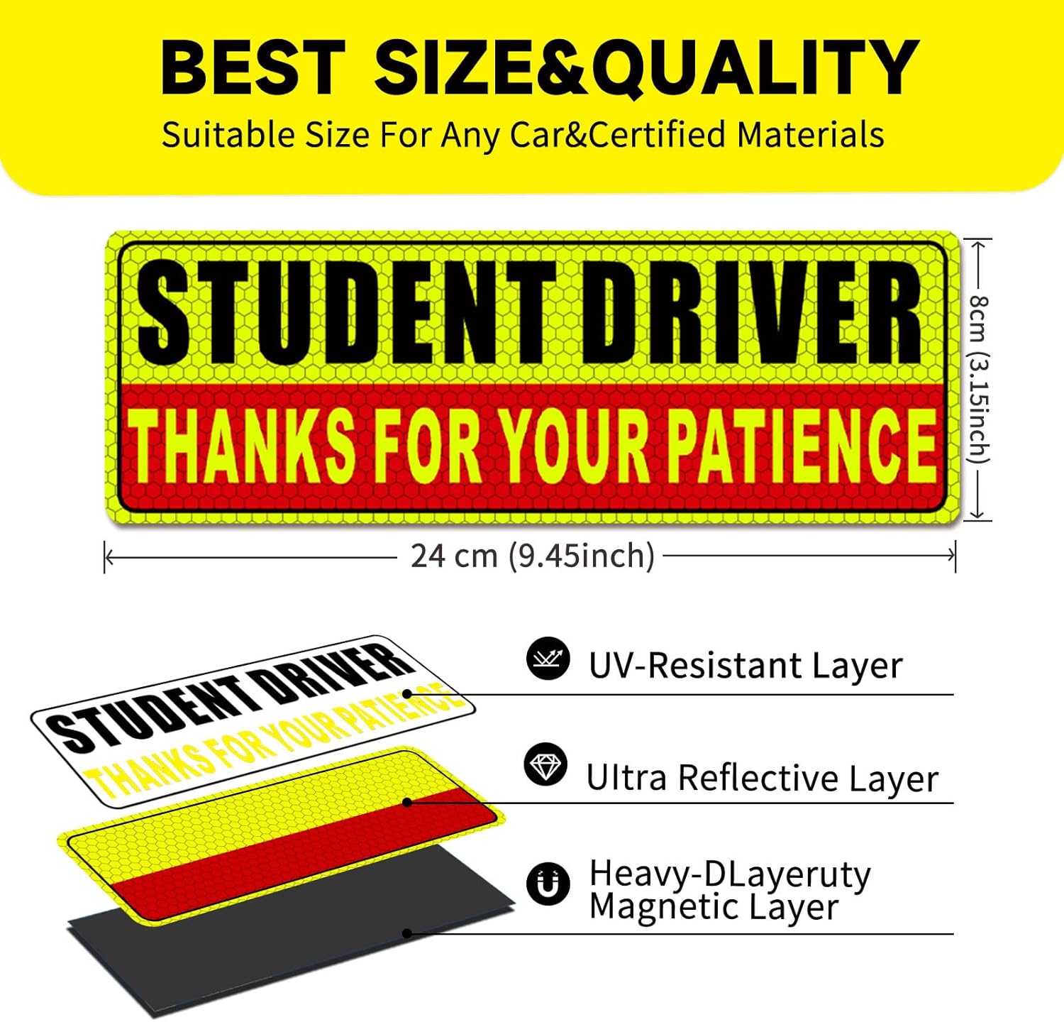 Student Driver Magnet for Car - New Driver Magnet for Car Safety Warning Please Be Patient Reusable Movable Reflective Magnetic Black & Red for Car Bumper 3 Pcs