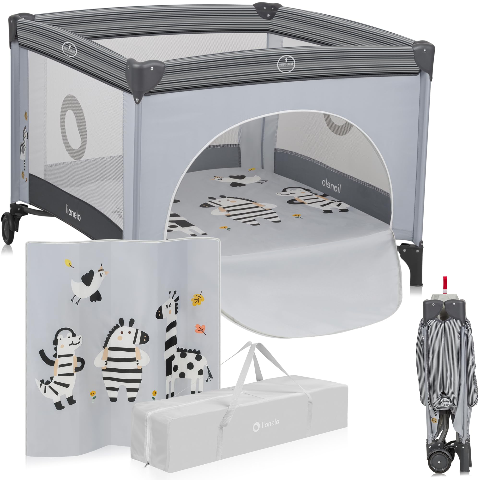 LIONELO BONNIE Parque Infantil Bebe hasta 15 kg, desde el Nacimiento hasta los 36 meses Acceso Lateral con Cremallera, Laterales de Malla Aireada, Plegado Rápido, Ruedas con Freno, Bolsa de Transporte