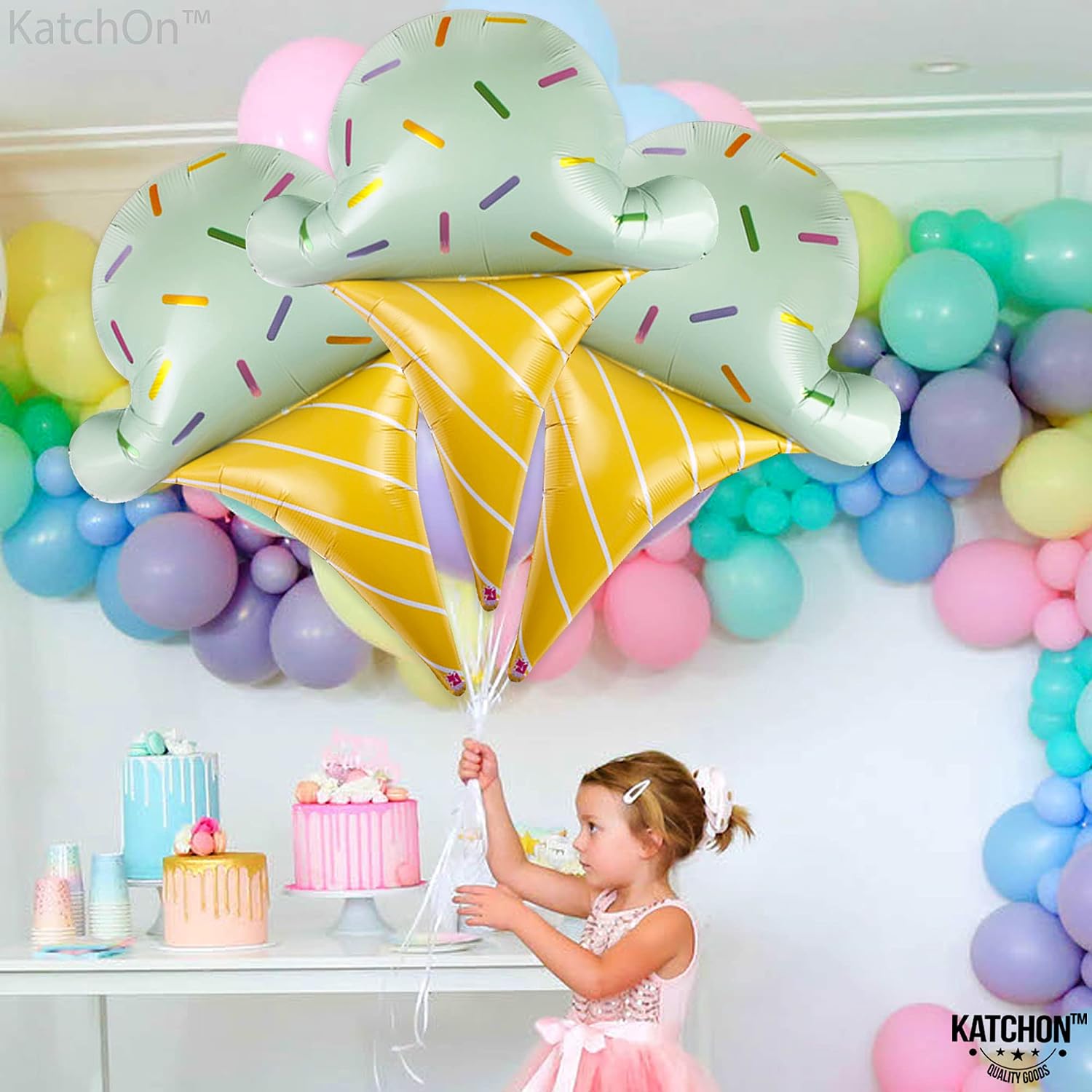 KatchOn, Giant Ice Cream Balloons - 37 Inch, Pack of 3 | Ice Cream Cone Balloon for IceCream Birthday Party Decorations | Summer Party Decorations | Baby Shower Decoration, Birthday Decoration