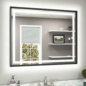 TETOTE 40 x 32 Led Mirror Brushed Black Metal Frame Frontlit & Backlit Vanity Mirror Anti-Fog Stepless Dimmable 3 Colors White/Warm/Natural Wall Mirror with Lights Wall-Mounted