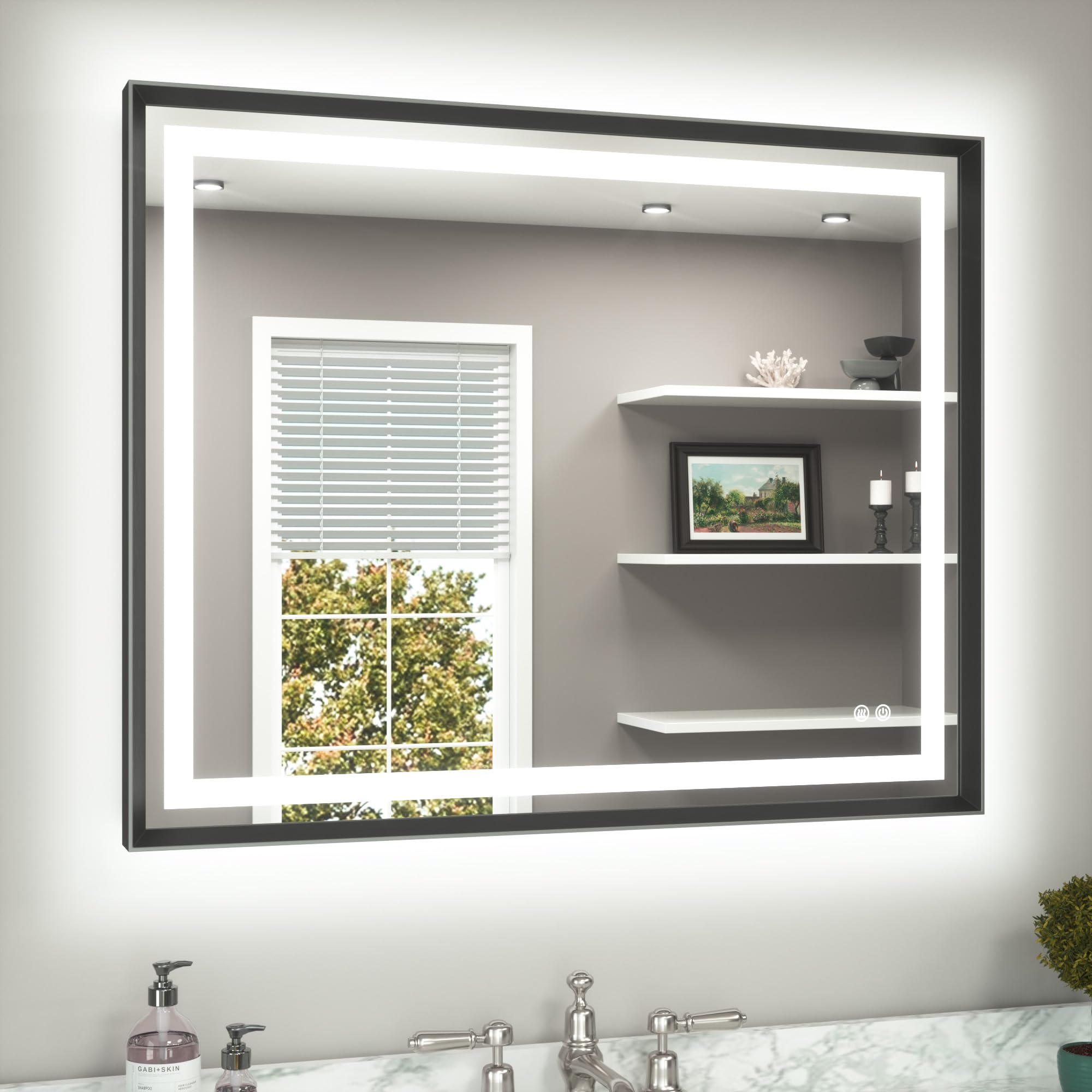 TETOTE 40 x 32 Led Mirror Brushed Black Metal Frame Frontlit &amp; Backlit Vanity Mirror Anti-Fog Stepless Dimmable 3 Colors White/Warm/Natural Wall Mirror with Lights Wall-Mounted