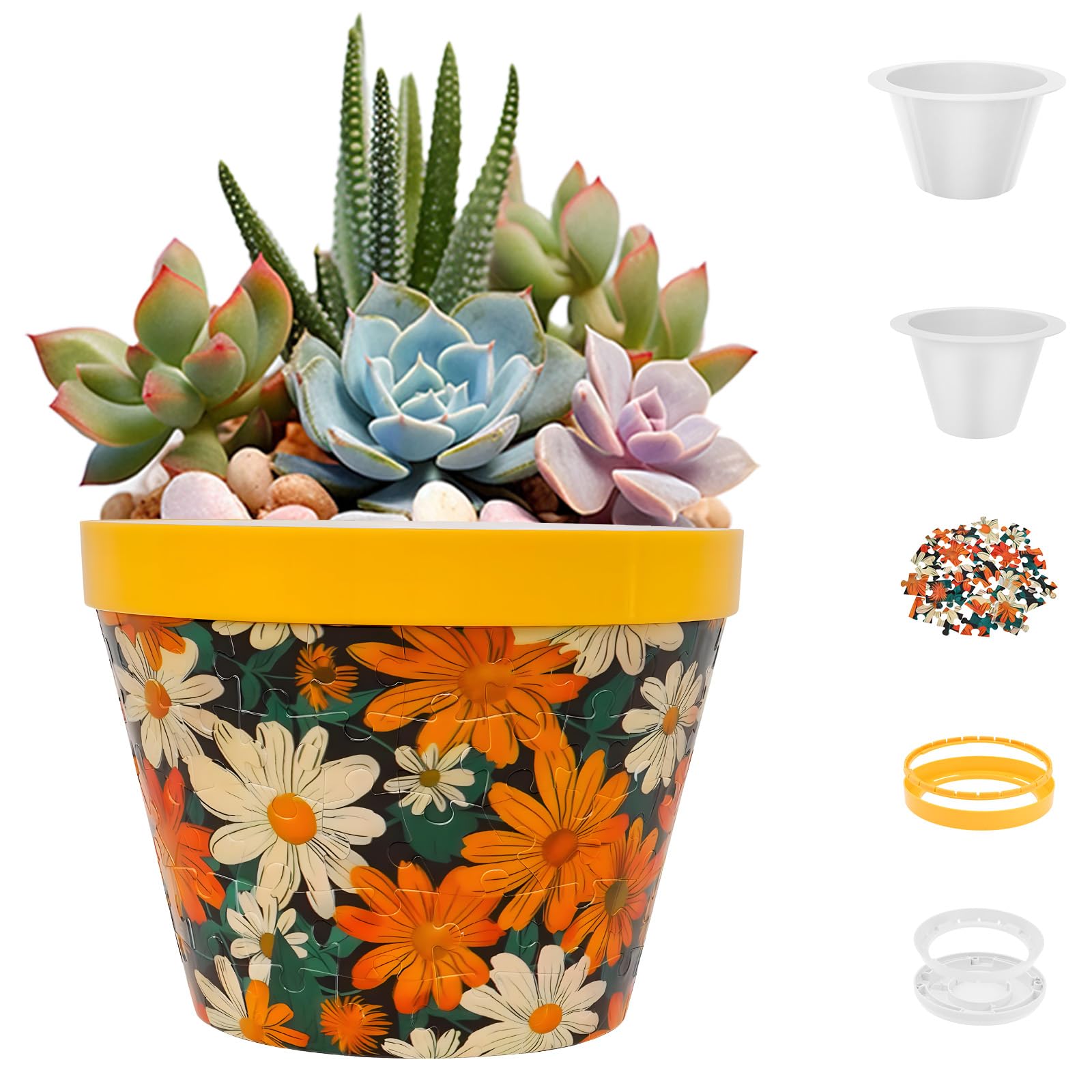 Alongen Puzzle Planter 3D,Small Round Plant Pots with Drainage for Indoor Cactus, Succulents Pots, Creative Puzzle Lovers Gift, Windowsill Desk Office Floral(Orange)