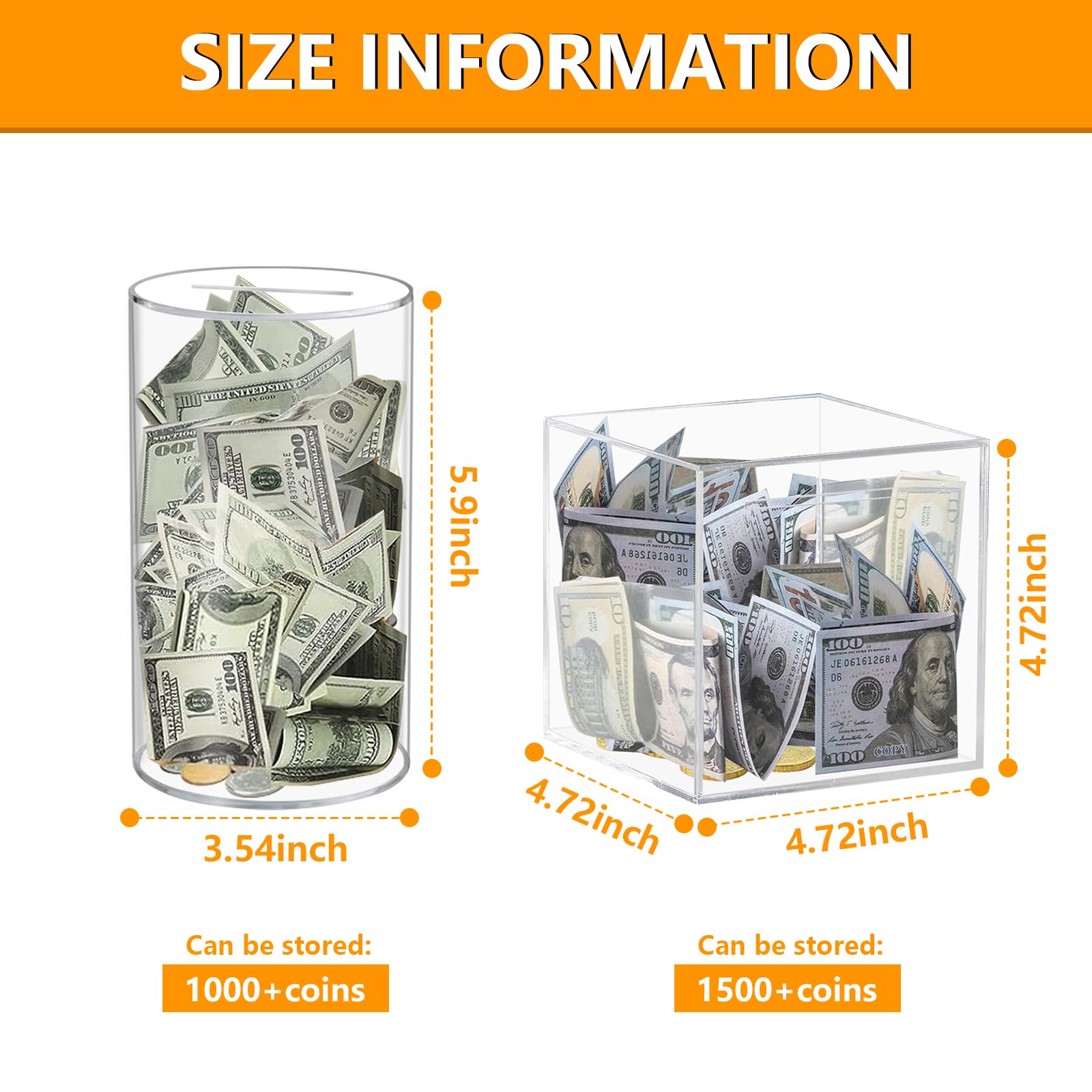 Clear Piggy Bank for Adults Kids, Transparent Money Bank for Cash Savings and Coin Savings, Acrylic Clear Money Box That Must be Broken to Open, Birthday Gifts for Kids and Adults (Cylinder)