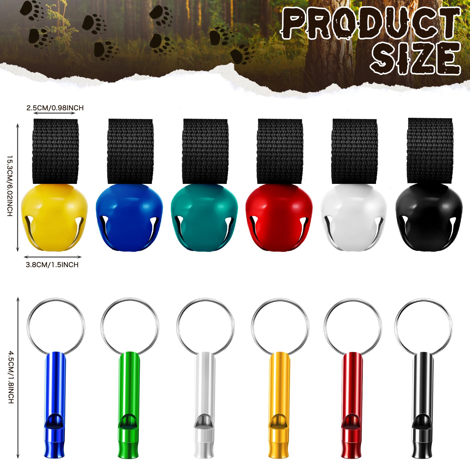 Poen 6 Pcs Bear Bell with 6 Pcs Whistle for Hiking Loud Bear Bell with Magnetic Silencer Hiking Gear for Dog Horse Survival Biking Camping Hunting Outdoors Sports