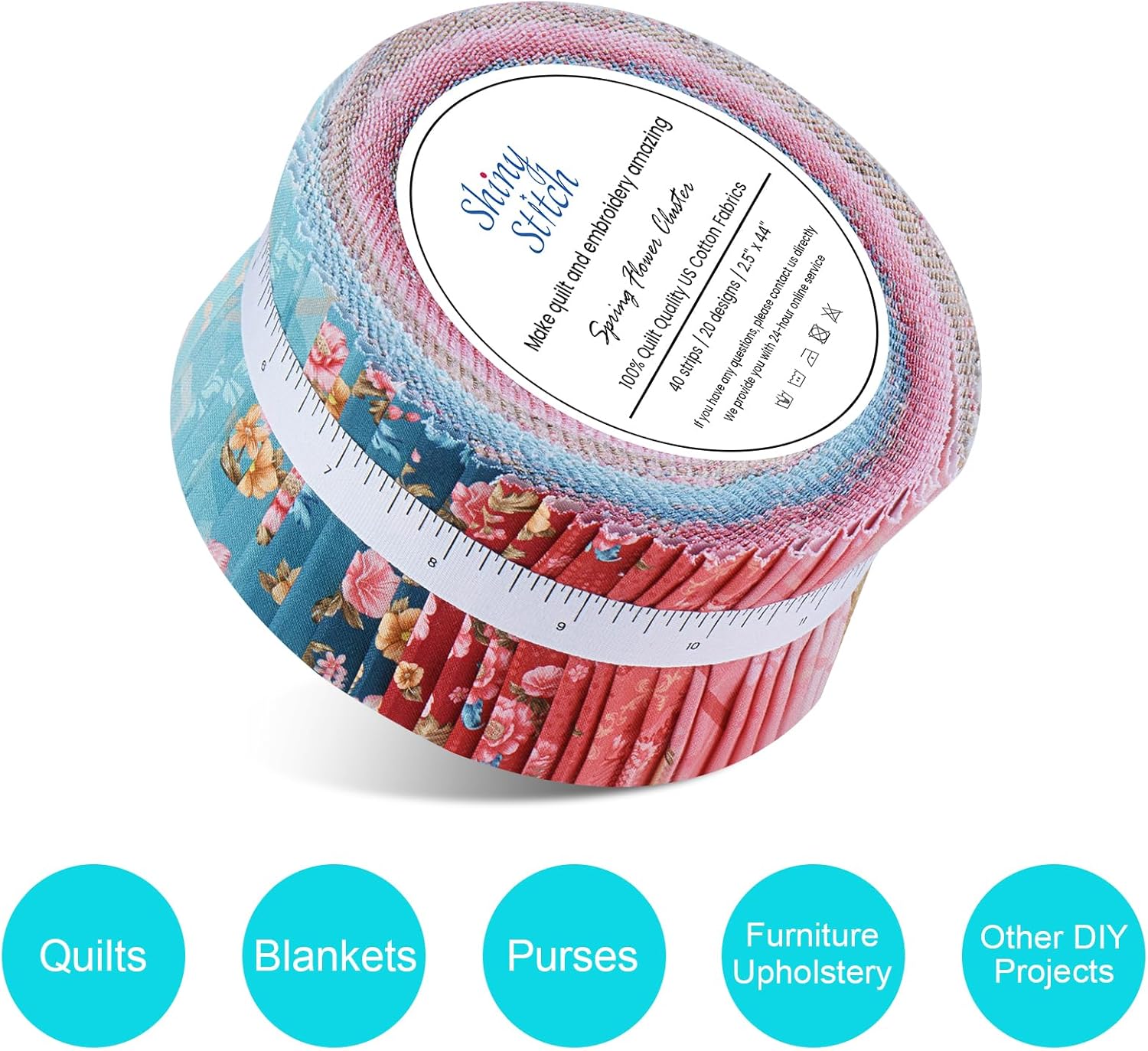 ShinyStitch-100% US Cotton Jelly Roll Fabric Precut Strips for Quilting, Crafting, and Sewing, Soft Cotton for Blanket, Upholstery, Home Decor,40 Strips 2.5" x 44" (Spring Flower Cluster)