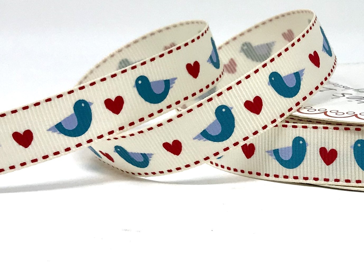 Bertie's Bows Ivory,Blue Blue Love Bird Print 16Mm Ivory Grosgrain Ribbon On 3M Roll
