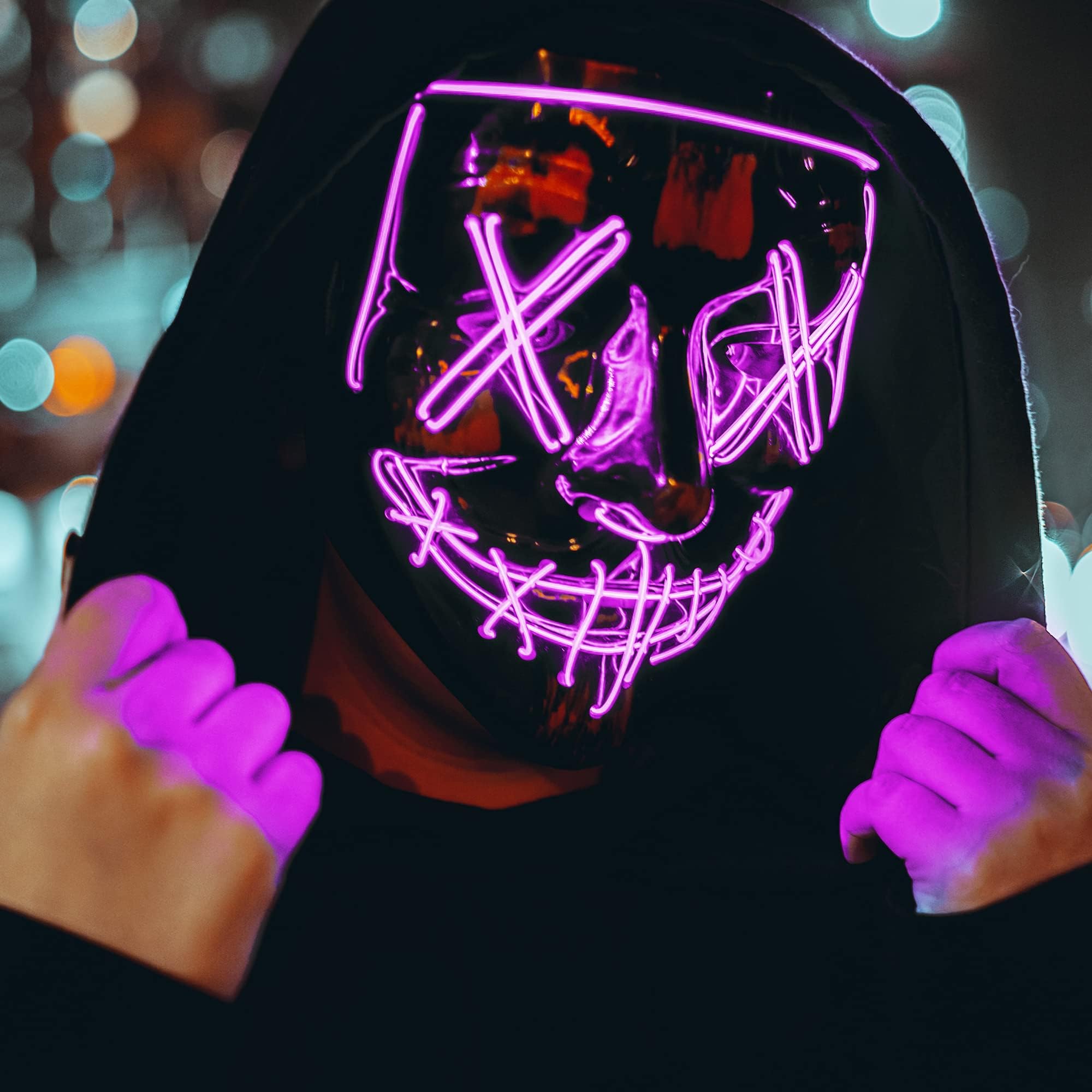 CUQOO Light up Purge Inspired Mask with 3 Light Modes โ Scary LED Halloween Mask for Adults | LED Mask Halloween Costumes | Scary Mask for Festival Masquerade Party Carnival Costume Cosplay
