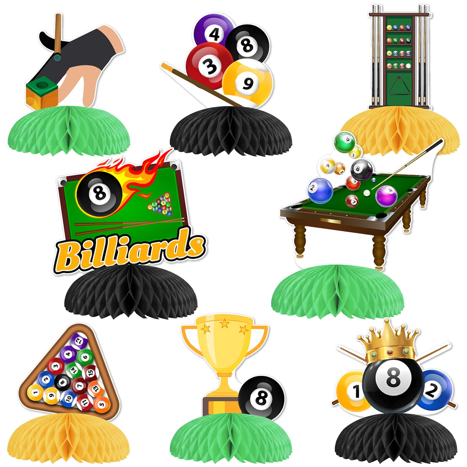 Billiards Party Decorations, 8pcs Snooker Balls Themed Honeycomb Centerpiece Double-sided Printed Table Decorations for Billiards Lovers Sports Themed Birthday Pool Ball Party Supplies