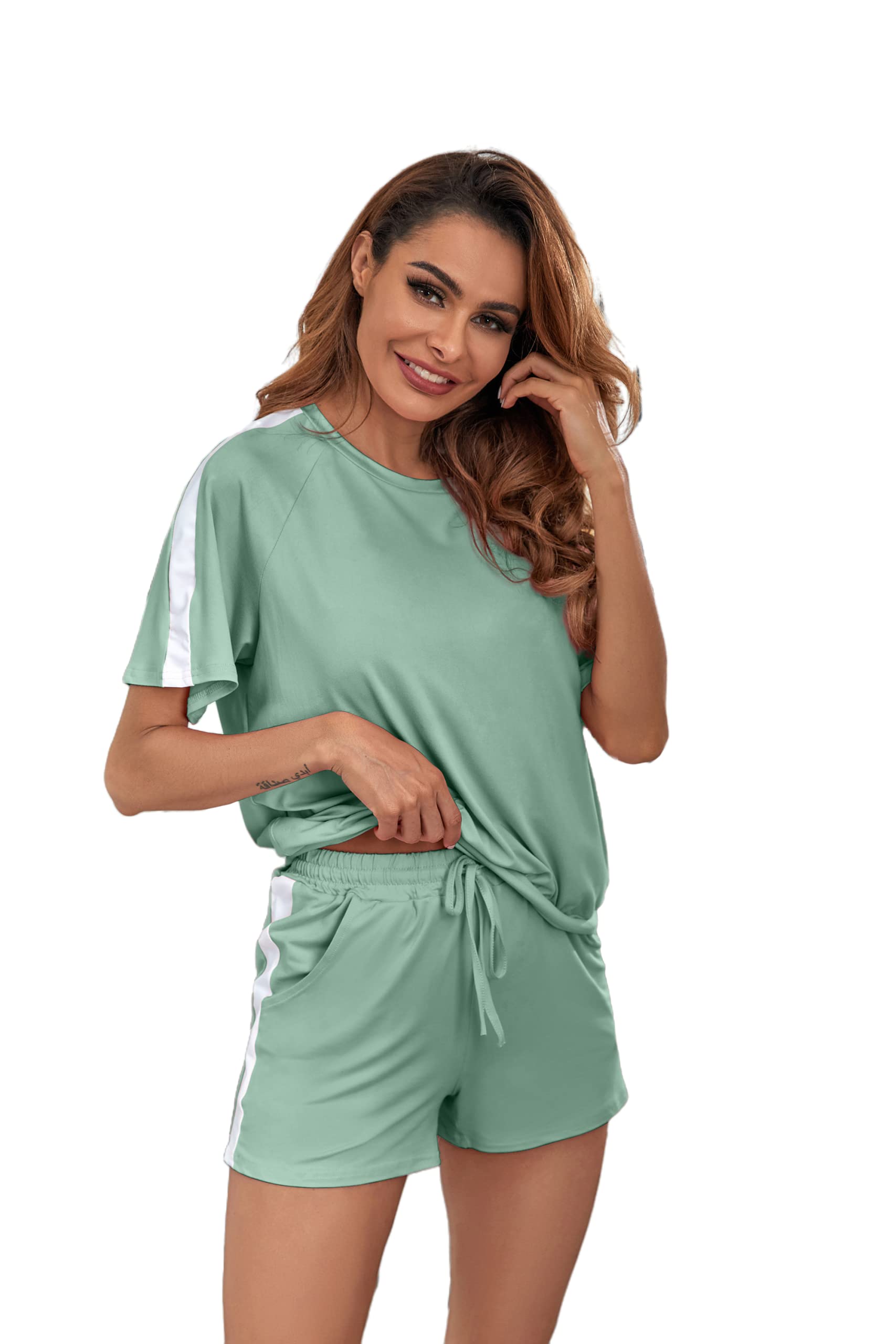 Ietaoo Damen Schlafanzug Kurz Pyjama Set Sommer Kurzarm Top und Short Nachtwäsche Hausanzug Zweiteilige Sleepwear Freizeitanzug mit Tasche