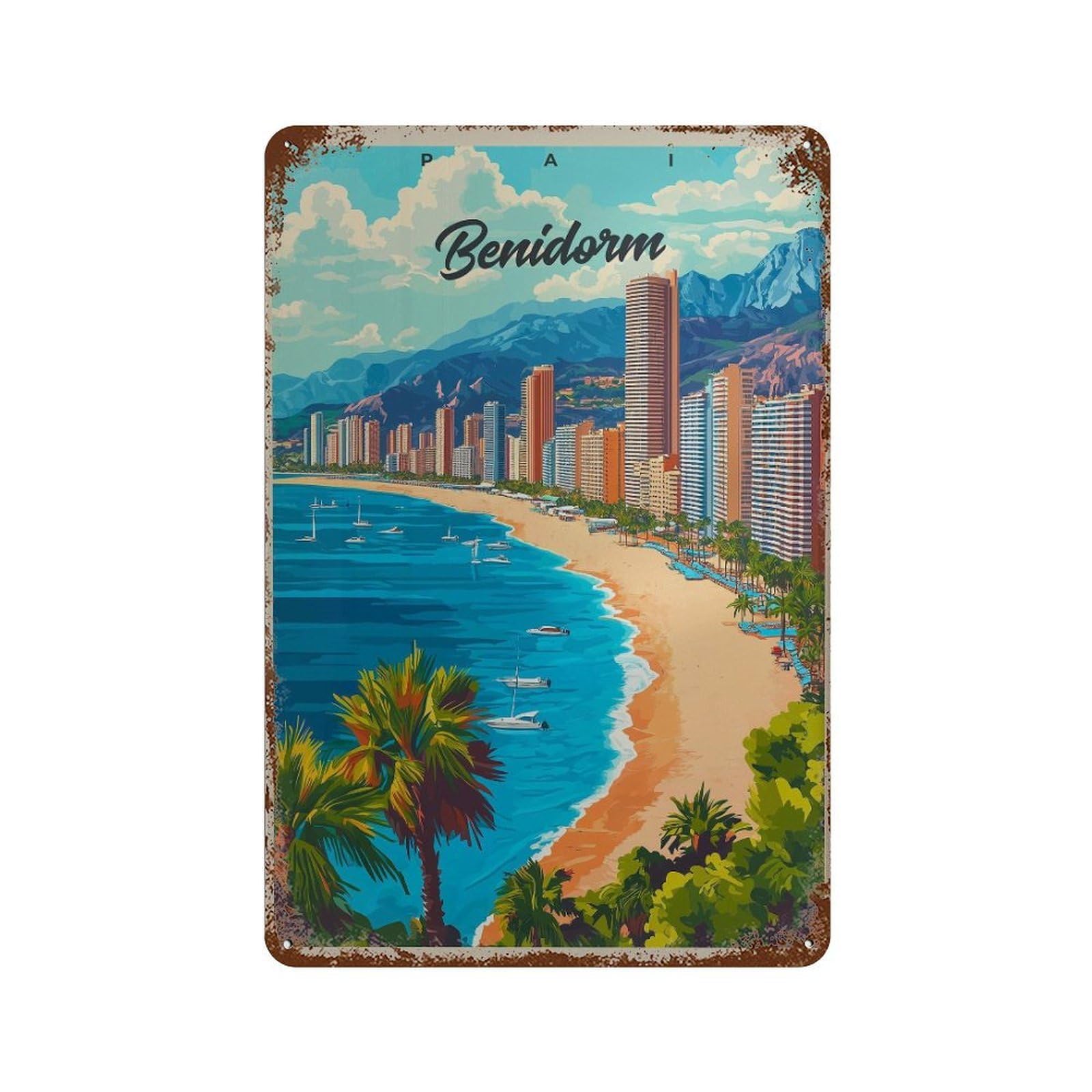 xiaoxiaoshen Benidorm Spain Travel Mediterranean Beach Wall Decor Art Metal Tin Poster Modern Home Decor Art Home Bar Shop Decorations Vintage Sign 30x20cm