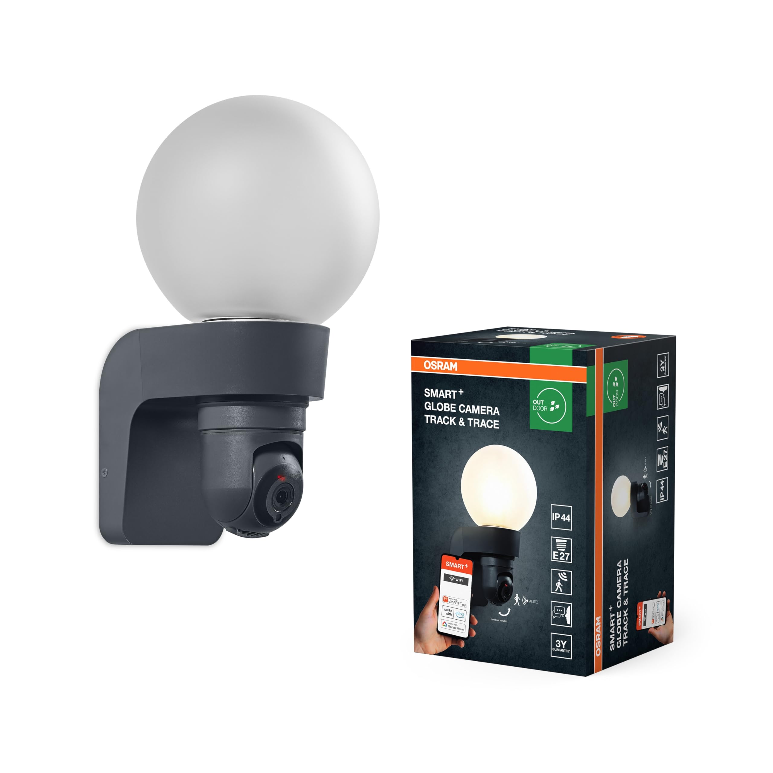 OSRAM Kinkiet zewnętrzny SMART+ z kamerą, oprawką E27, funkcją śledzenia i śledzenia, solidnym szklanym dyfuzorem, zintegrowanym głośnikiem, kartą pamięci, inteligentną technologią WiFi, długą