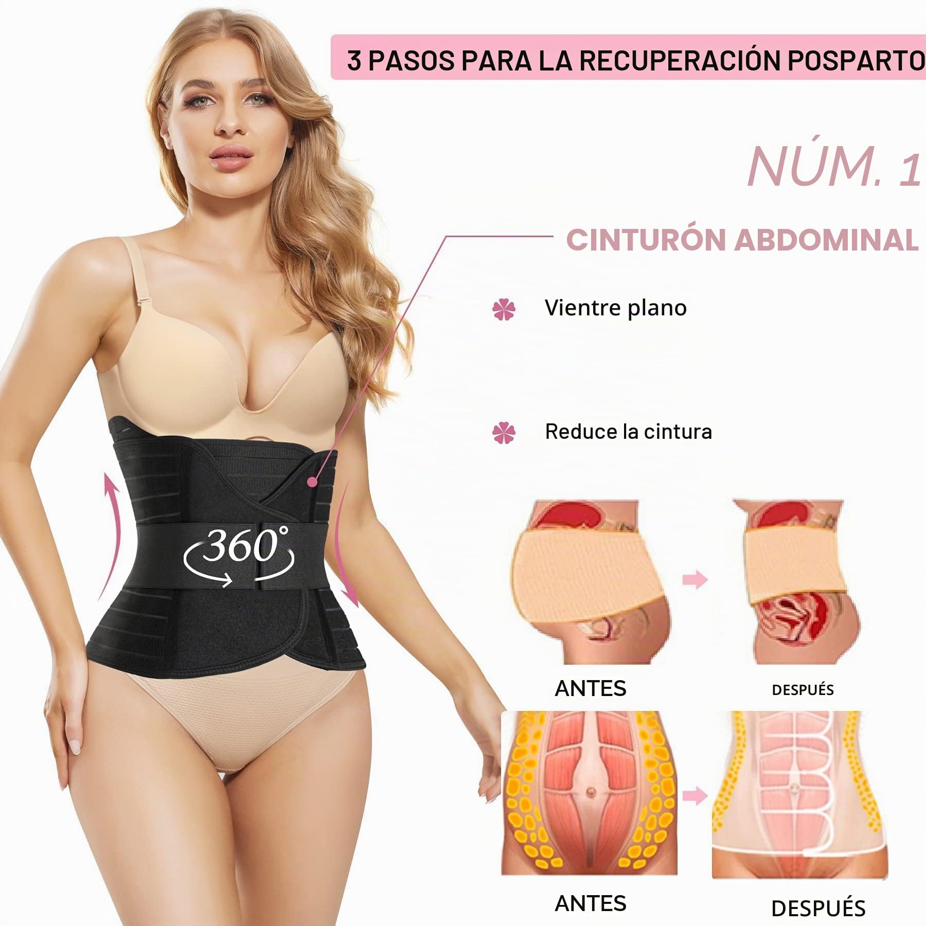 Gotoly Cinturón de recuperación posparto 3 en 1, faja de recuperación de cintura y pelvis, faja de apoyo para después del embarazo, control de abdomen, faja moldeadora de cuerpo, Negro, M