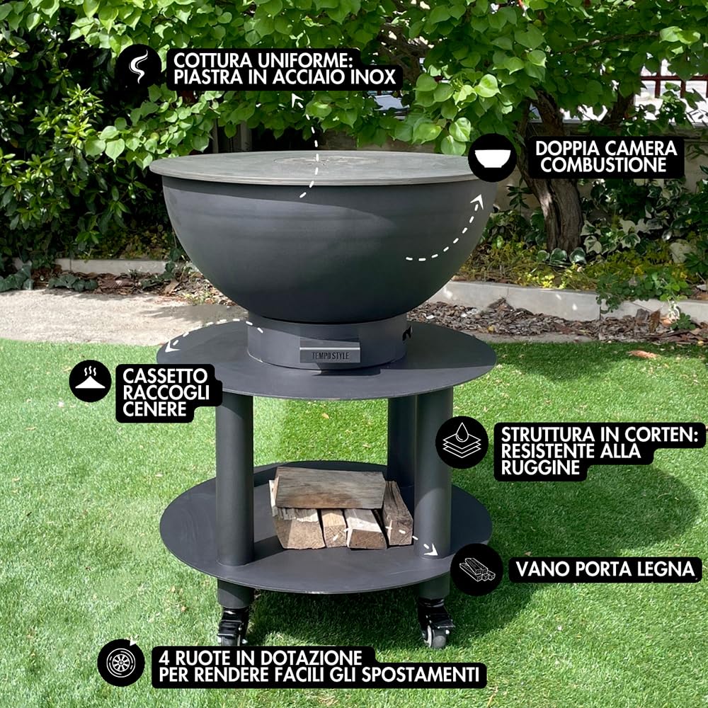 Grill na drewno i węgiel drzewny Stromboli | Okrągły grill ze stali Corten do użytku na zewnątrz i do ogrodu, z grillem do gotowania ze stali nierdzewnej 316 sp.1 cm, przenośny z kółkami