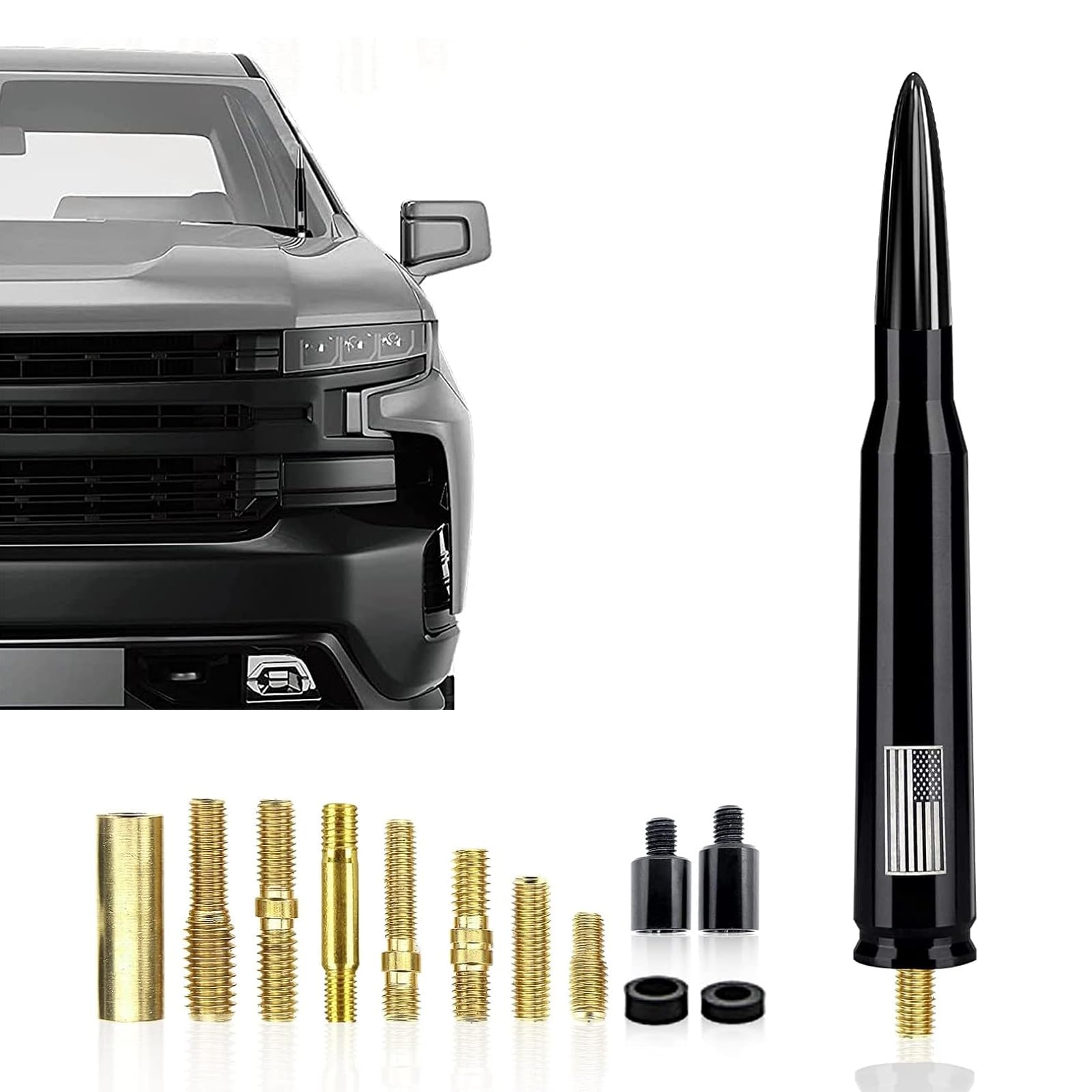 Yumfugu Car Bullet Antenna, Enhanced Signal Without Noise Interference Bullet Antenna, American Flag Decoration Compact Antenna with Threaded Adapter, Compatible with Ford F150 Chevrolet Jeep (Black)
