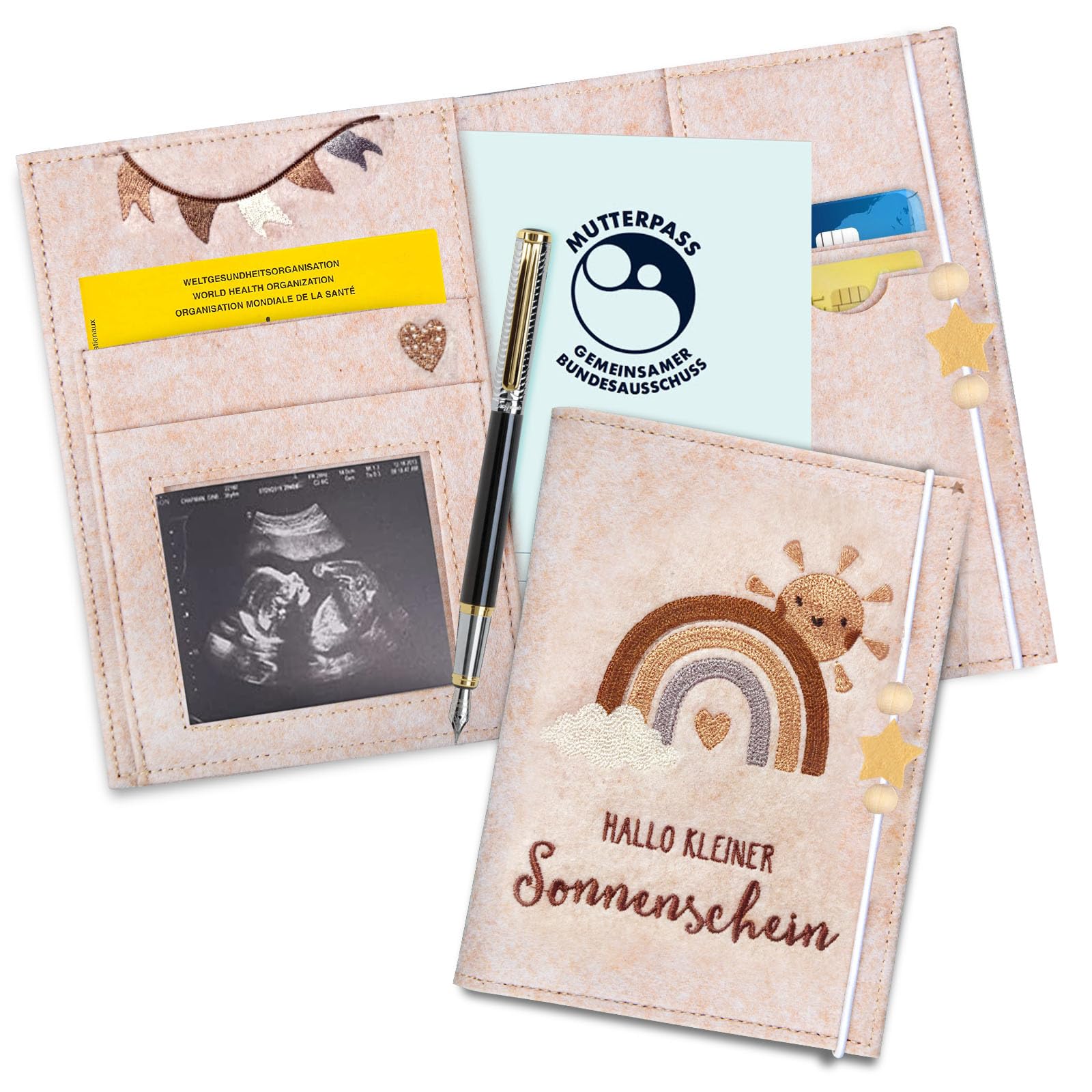 Mutterpasshülle Filz mit Stickerei Regenbogen & Sonne – Schutzhülle für Deutschen Mutterpass & Impfpass | Robuste Hülle mit süßem Motiv | Geschenk für Schwangere & werdende Mütter Aprikose