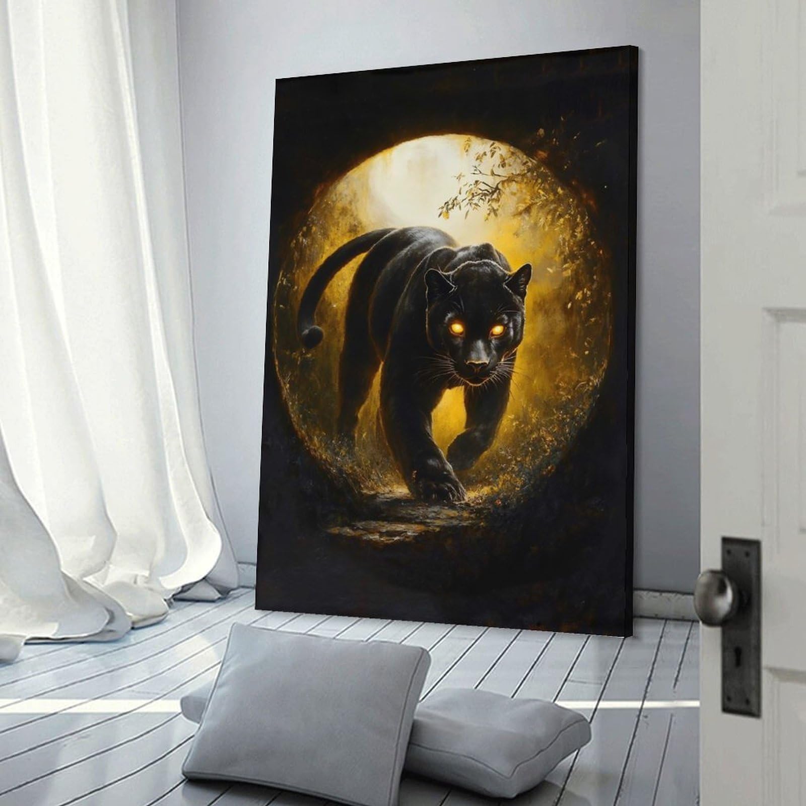 Junmoney Canvas Wall Decor Black Panther with Glowing Eyes, 24x36inch(60x90cm), for Lounge Decor, Bedroom Walls Or Flats, Eye Catching Artwork for Blank Walls