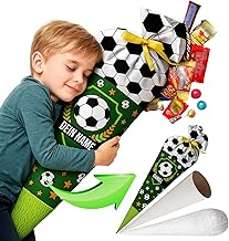 Ferocity Schultüte Fussball mit Namen für Jungen, Personalisierte Tüte, 70 cm Zuckertüte aus Stoff mit runde Papprohling und Füllung aus Silikonkügelchen, große Tüte als Kissen [149]